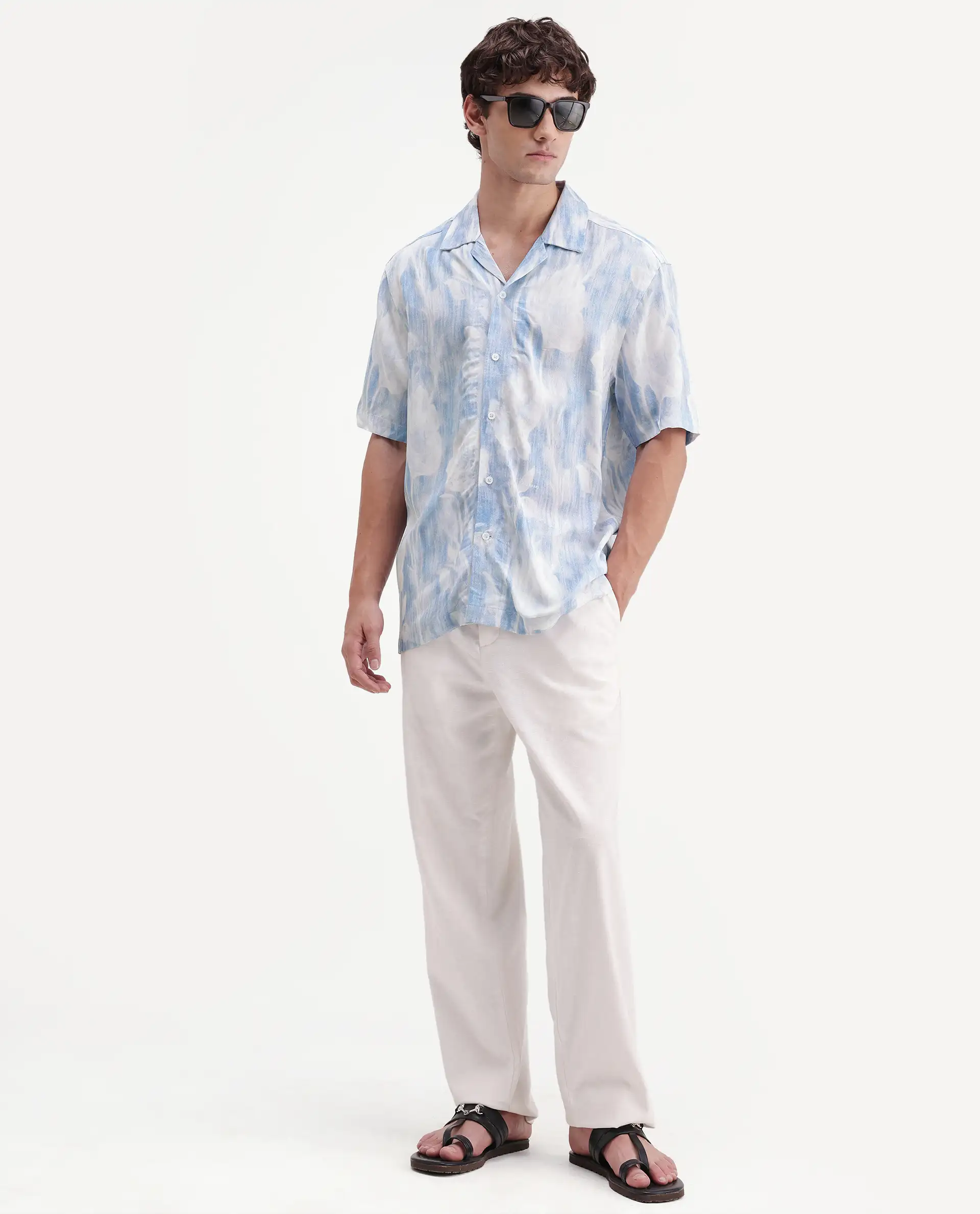 Rare Rabbit Men's Oyse White Viscose Fabric Half Sleeve Cuban Collar Regular Abstract Print Shirt - Image 2