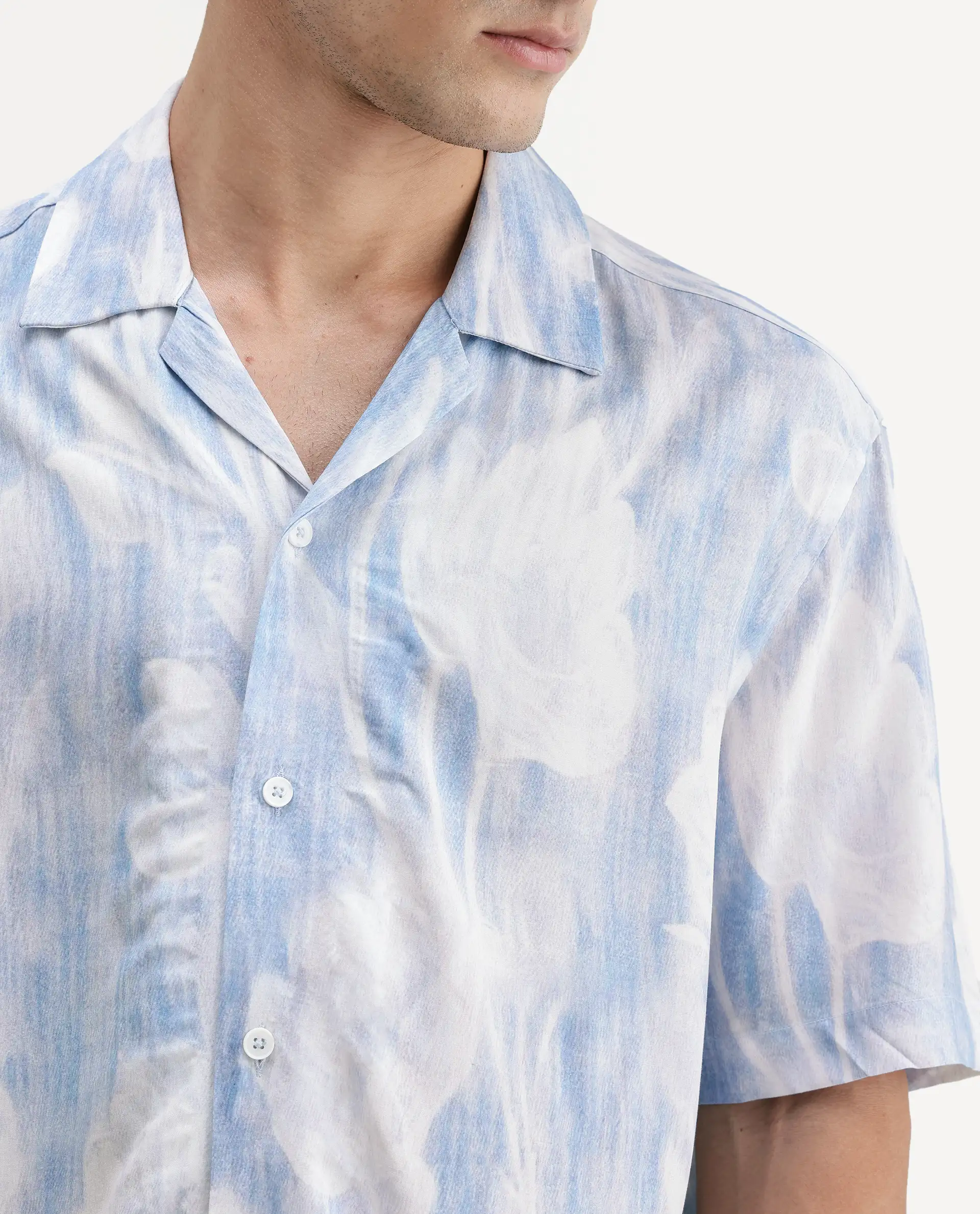 Rare Rabbit Men's Oyse White Viscose Fabric Half Sleeve Cuban Collar Regular Abstract Print Shirt - Image 3