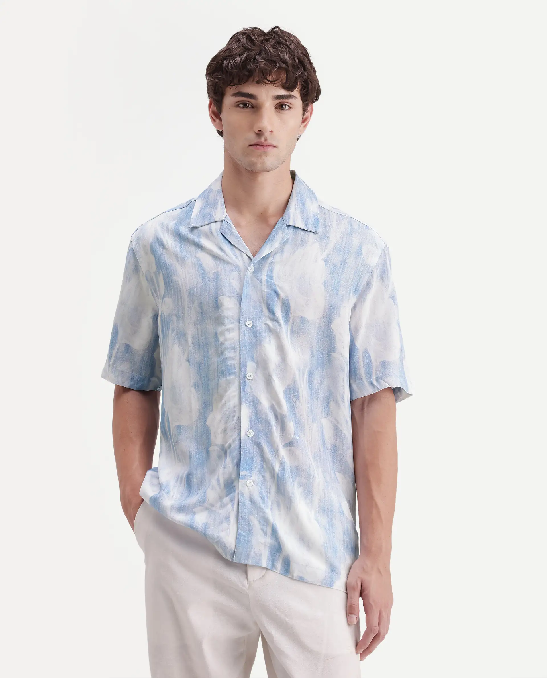 Rare Rabbit Men's Oyse White Viscose Fabric Half Sleeve Cuban Collar Regular Abstract Print Shirt - Image 4