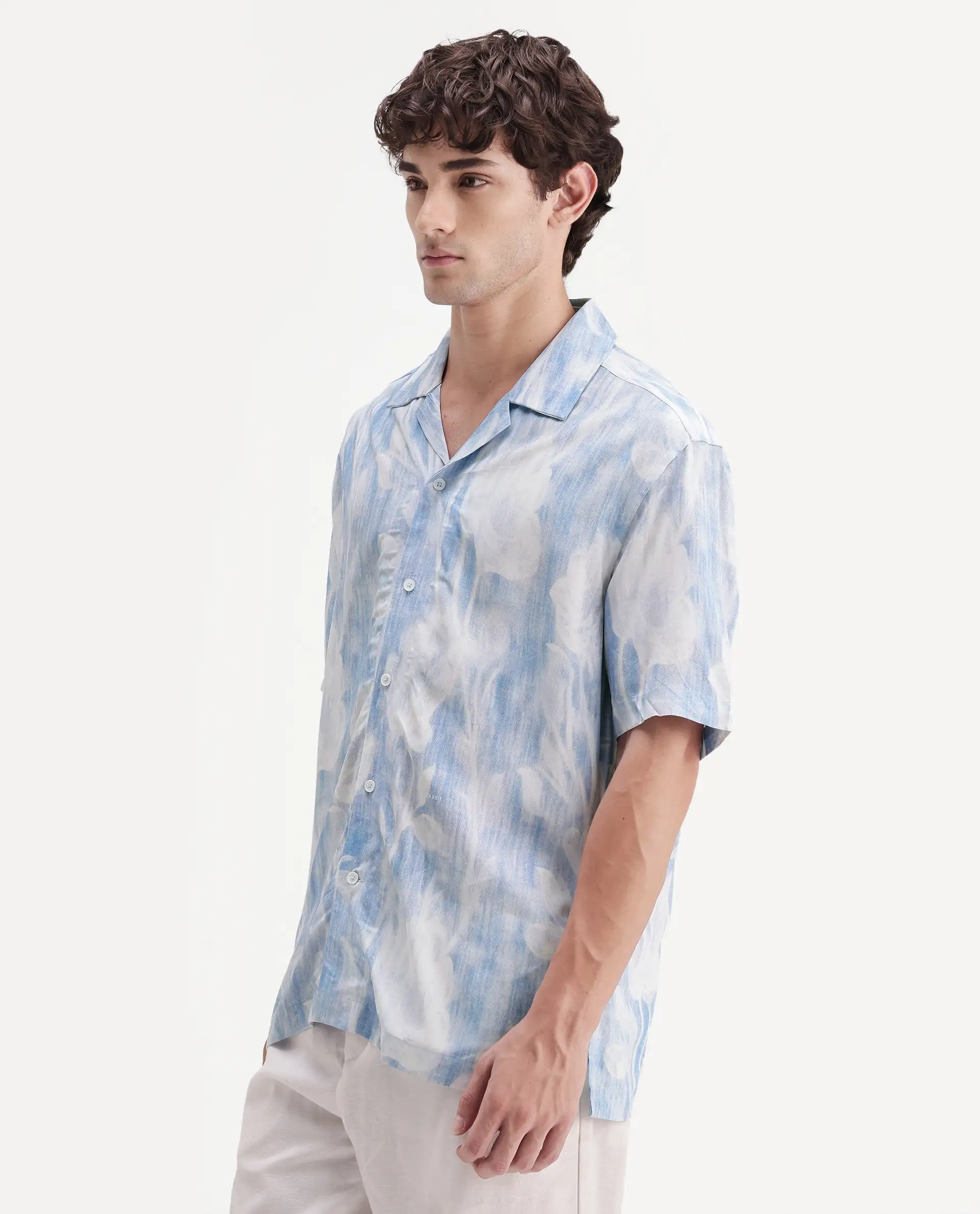 Rare Rabbit Men's Oyse White Viscose Fabric Half Sleeve Cuban Collar Regular Abstract Print Shirt - Image 5