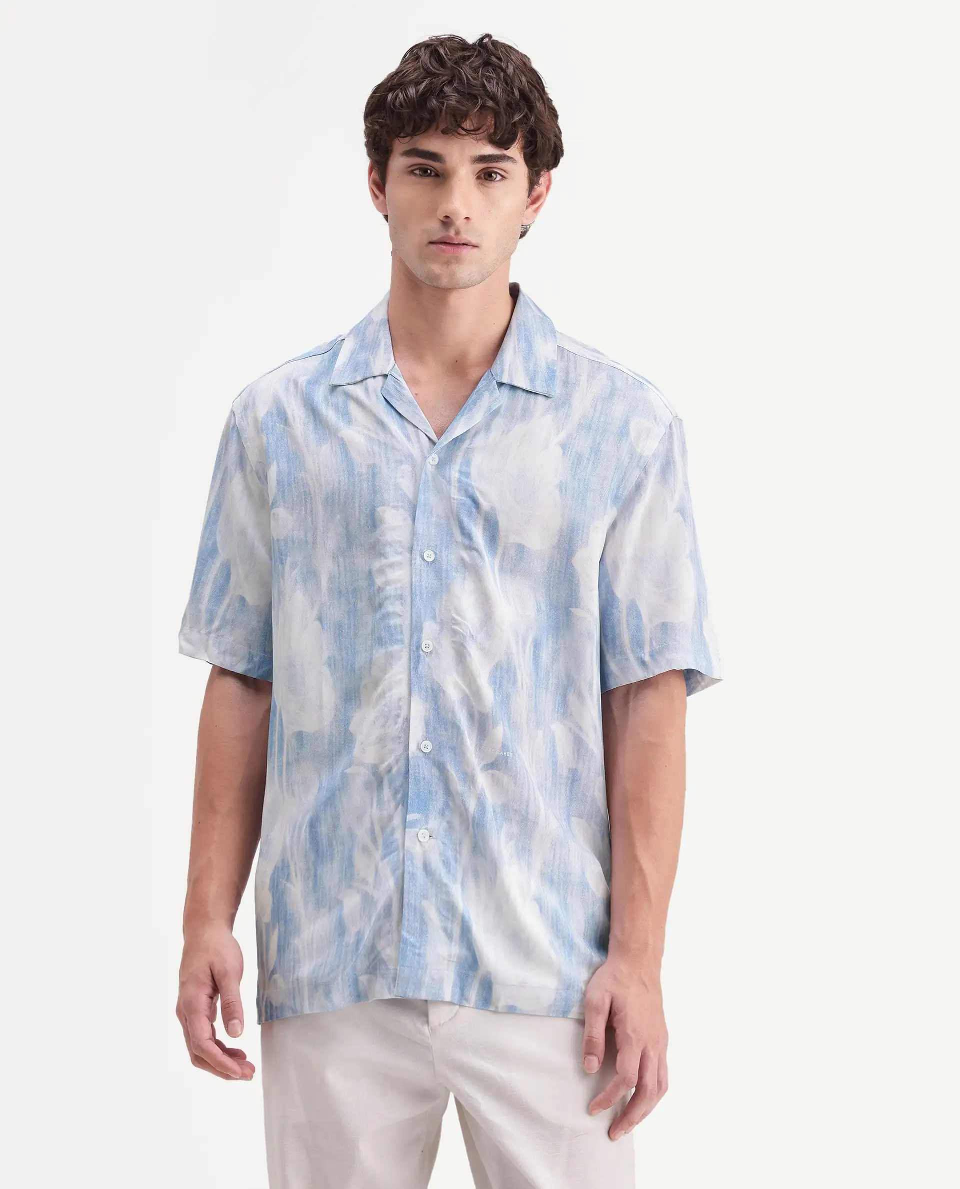 Rare Rabbit Men's Oyse White Viscose Fabric Half Sleeve Cuban Collar Regular Abstract Print Shirt - Image 6