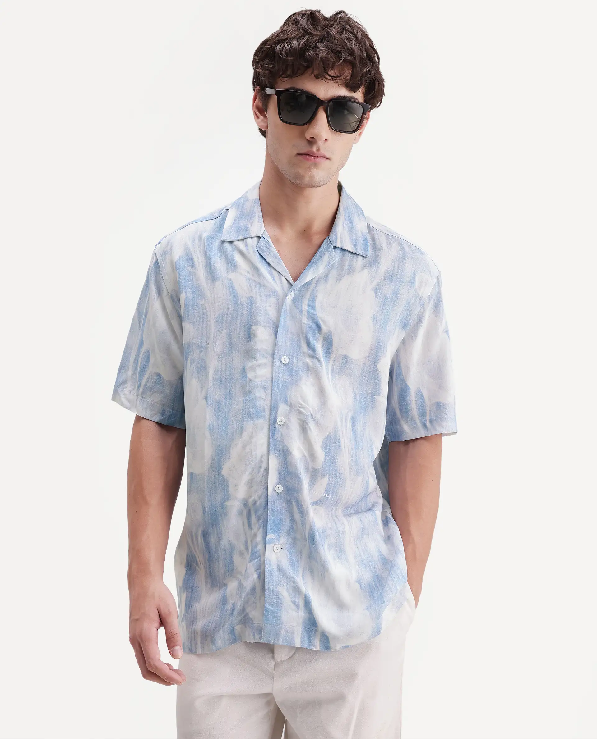 Rare Rabbit Men's Oyse White Viscose Fabric Half Sleeve Cuban Collar Regular Abstract Print Shirt - Image 7