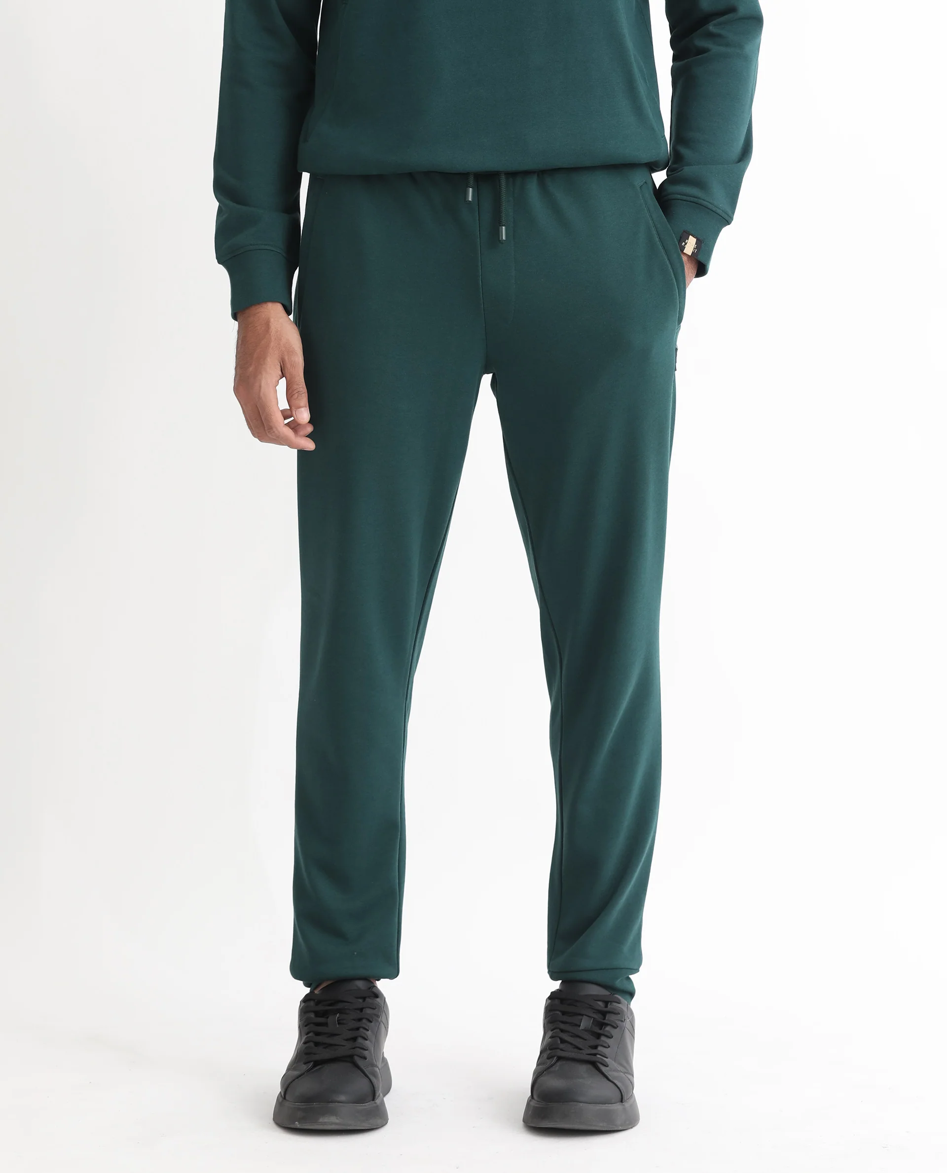 Rare Rabbit Men's Oza Dark Green Cotton Plain Regular Fit Jogers