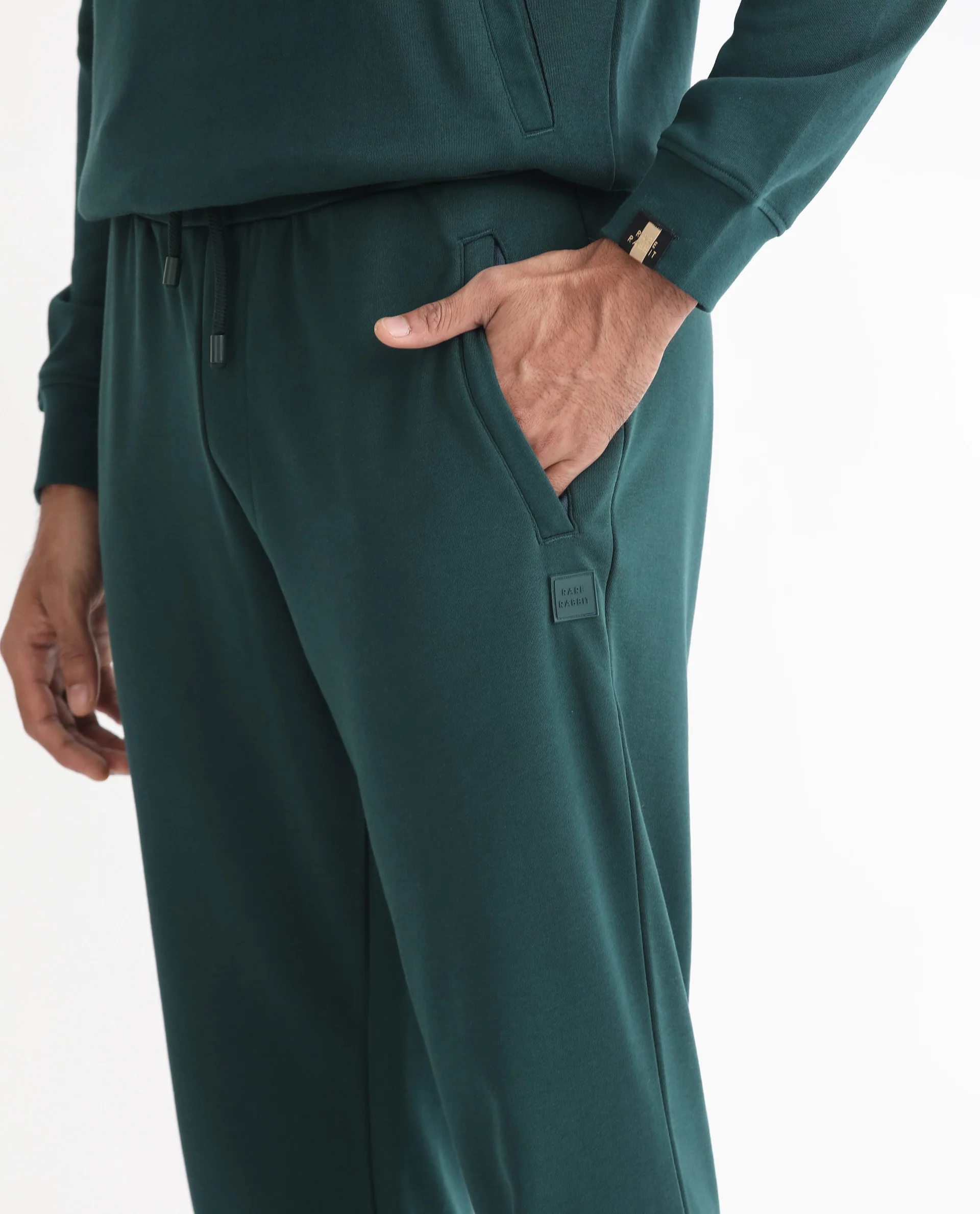 Rare Rabbit Men's Oza Dark Green Cotton Plain Regular Fit Jogers - Image 2