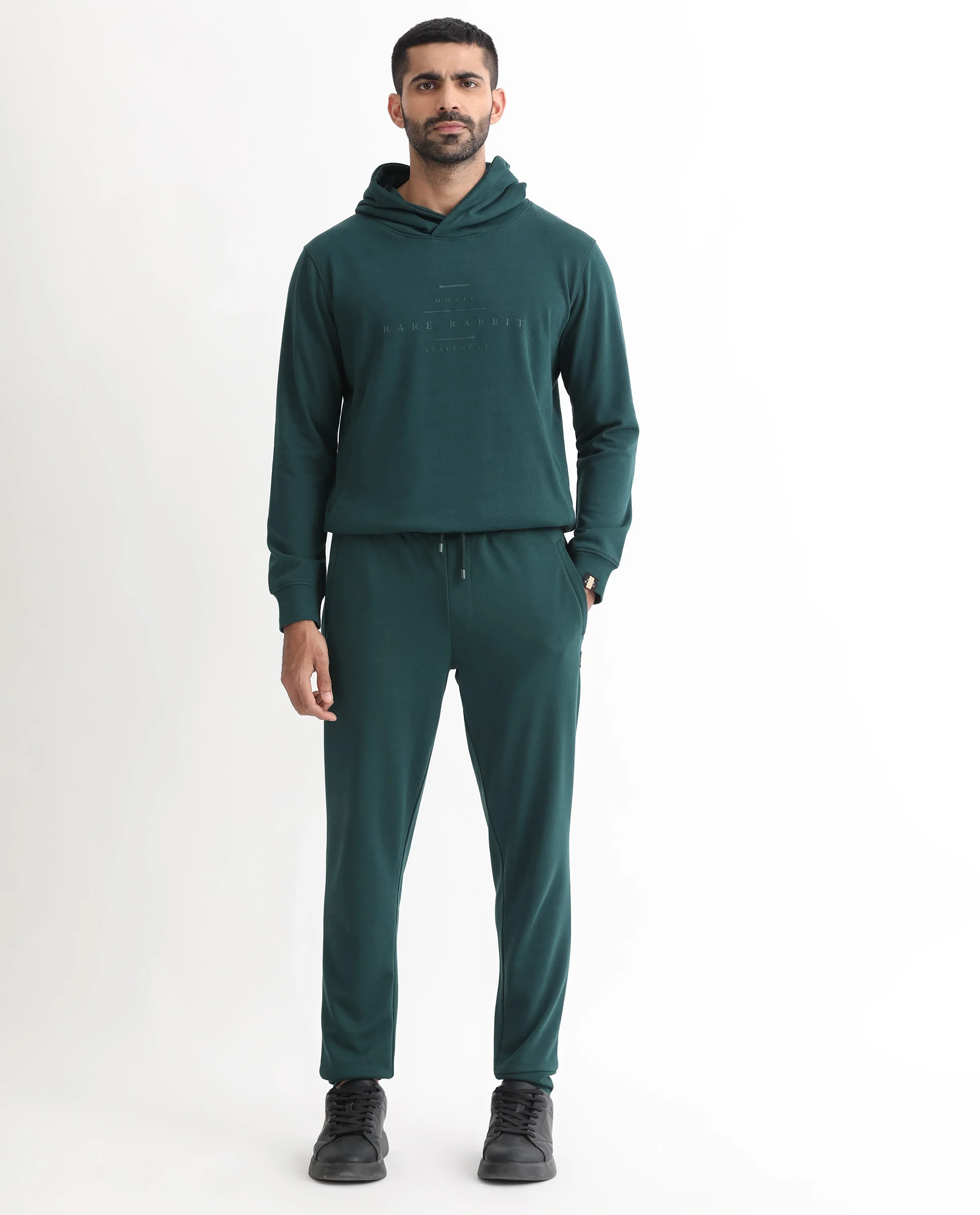 Rare Rabbit Men's Oza Dark Green Cotton Plain Regular Fit Jogers - Image 3