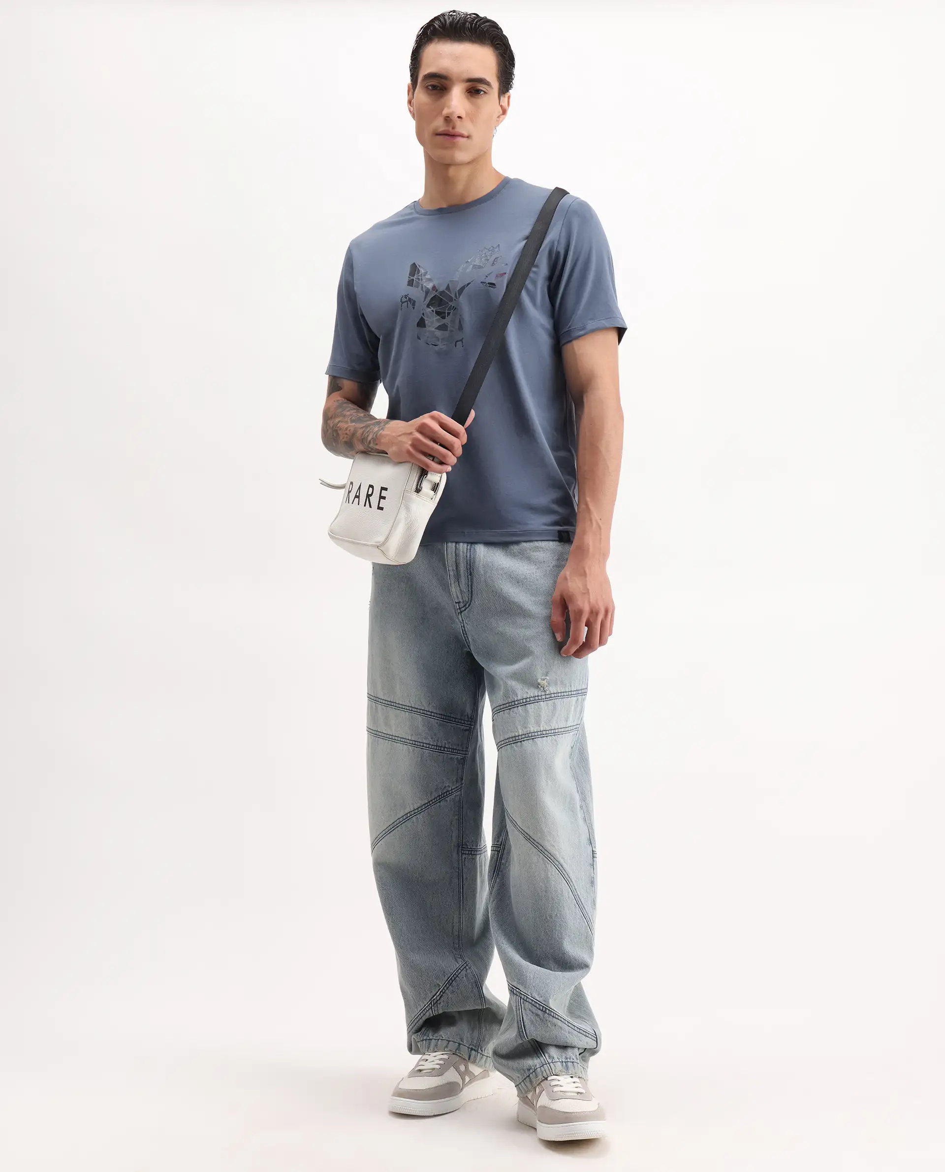 Rare Rabbit Men's Ozan Dusky Blue Cotton Blend Graphic Print Regular Fit Half Sleeve Crew Neck T-Shirt - Image 2