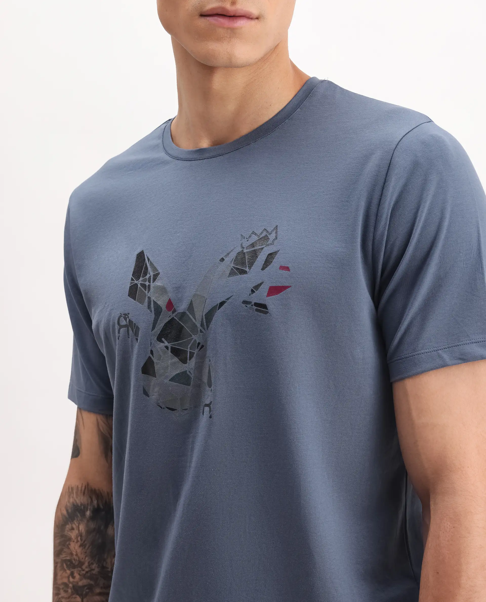 Rare Rabbit Men's Ozan Dusky Blue Cotton Blend Graphic Print Regular Fit Half Sleeve Crew Neck T-Shirt - Image 3