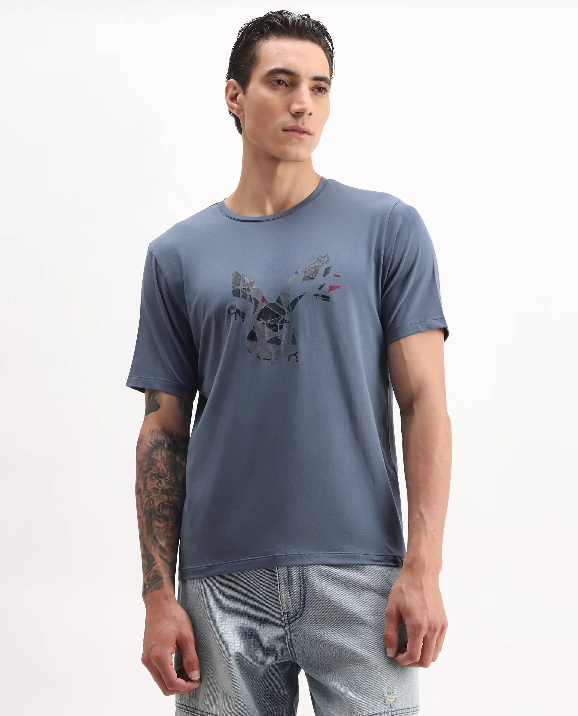 Rare Rabbit Men's Ozan Dusky Blue Cotton Blend Graphic Print Regular Fit Half Sleeve Crew Neck T-Shirt - Image 4