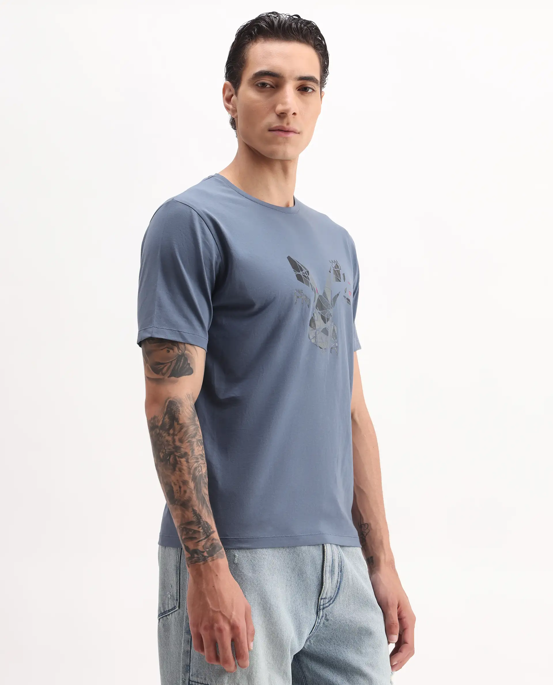 Rare Rabbit Men's Ozan Dusky Blue Cotton Blend Graphic Print Regular Fit Half Sleeve Crew Neck T-Shirt - Image 5