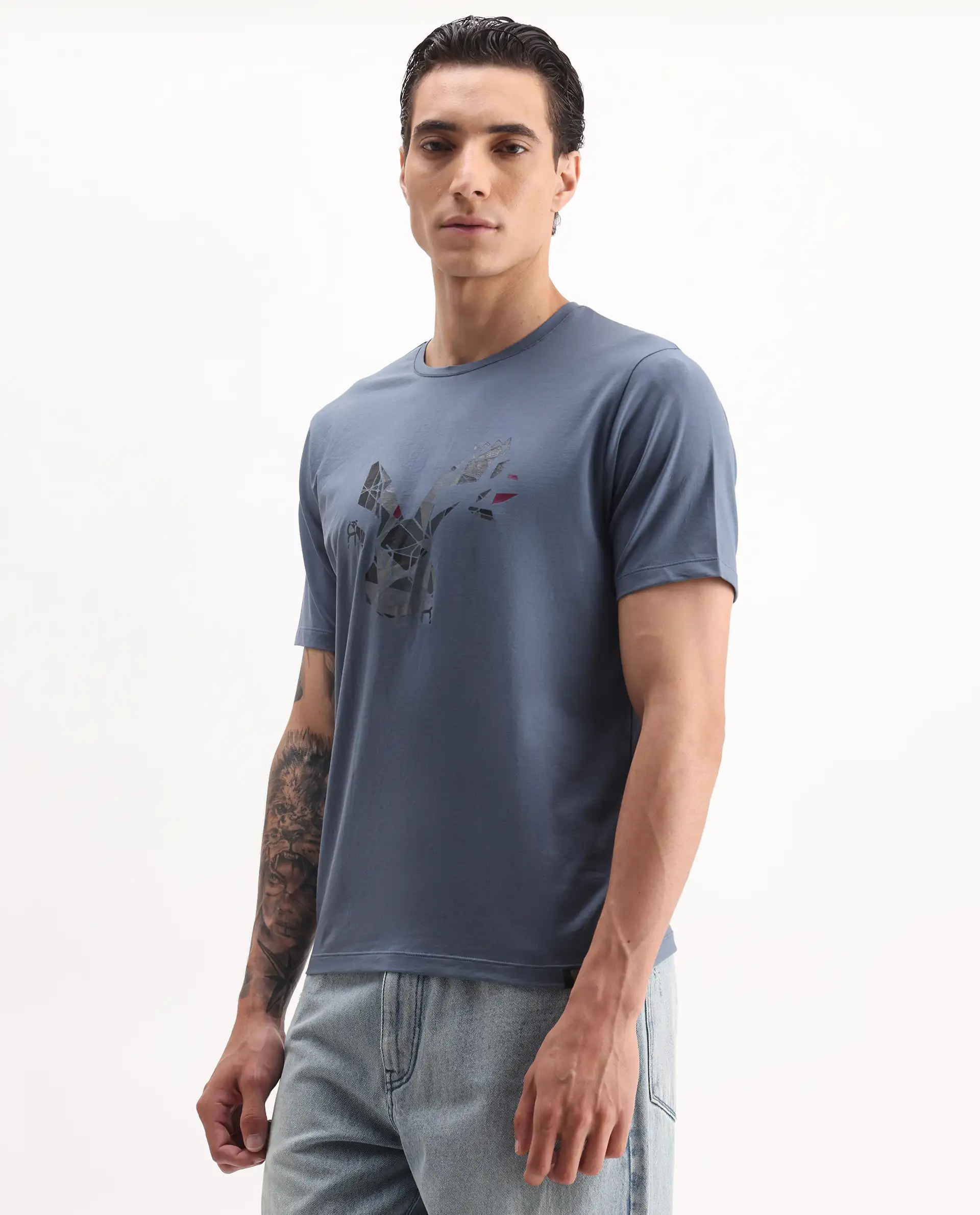 Rare Rabbit Men's Ozan Dusky Blue Cotton Blend Graphic Print Regular Fit Half Sleeve Crew Neck T-Shirt - Image 6
