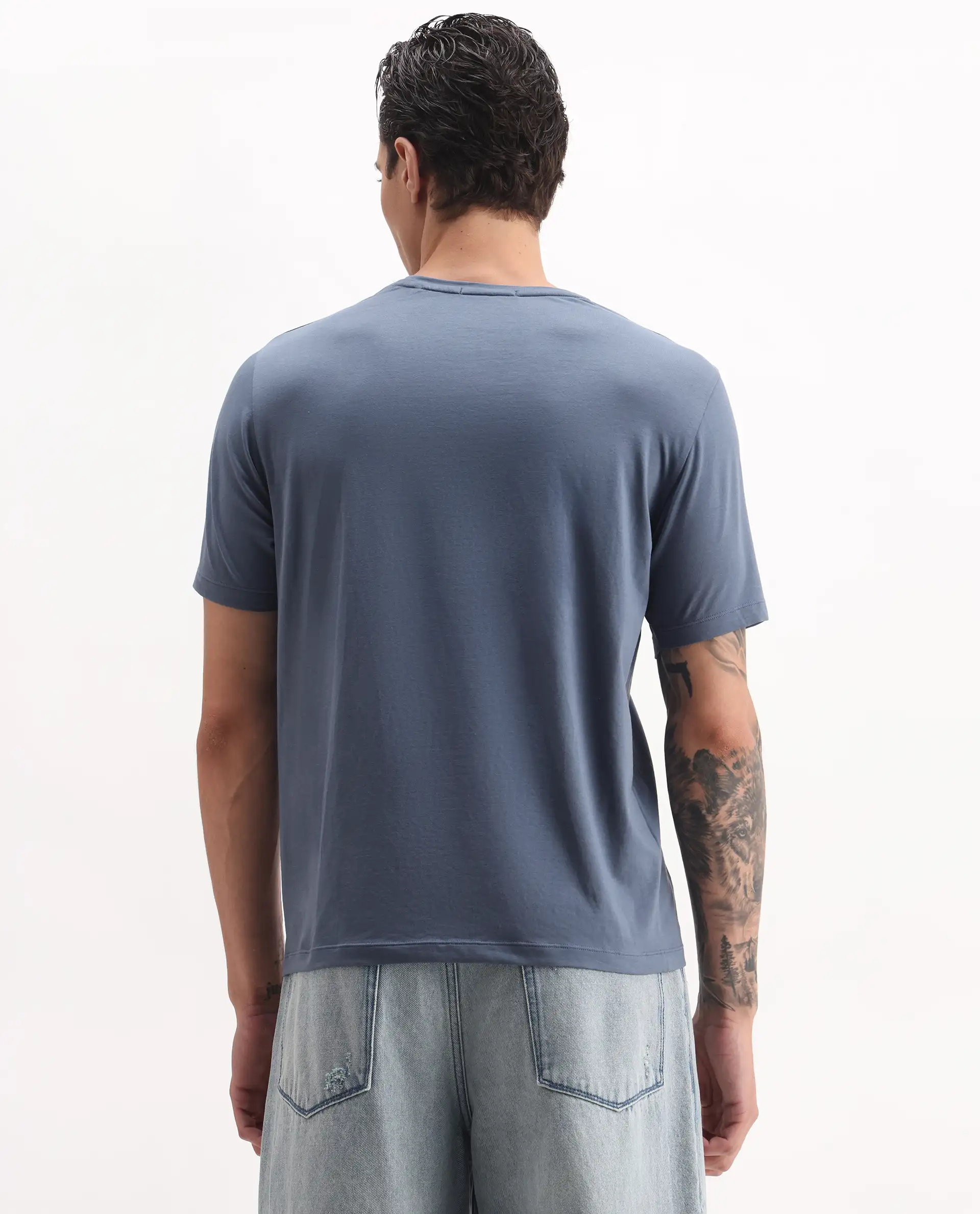 Rare Rabbit Men's Ozan Dusky Blue Cotton Blend Graphic Print Regular Fit Half Sleeve Crew Neck T-Shirt - Image 7