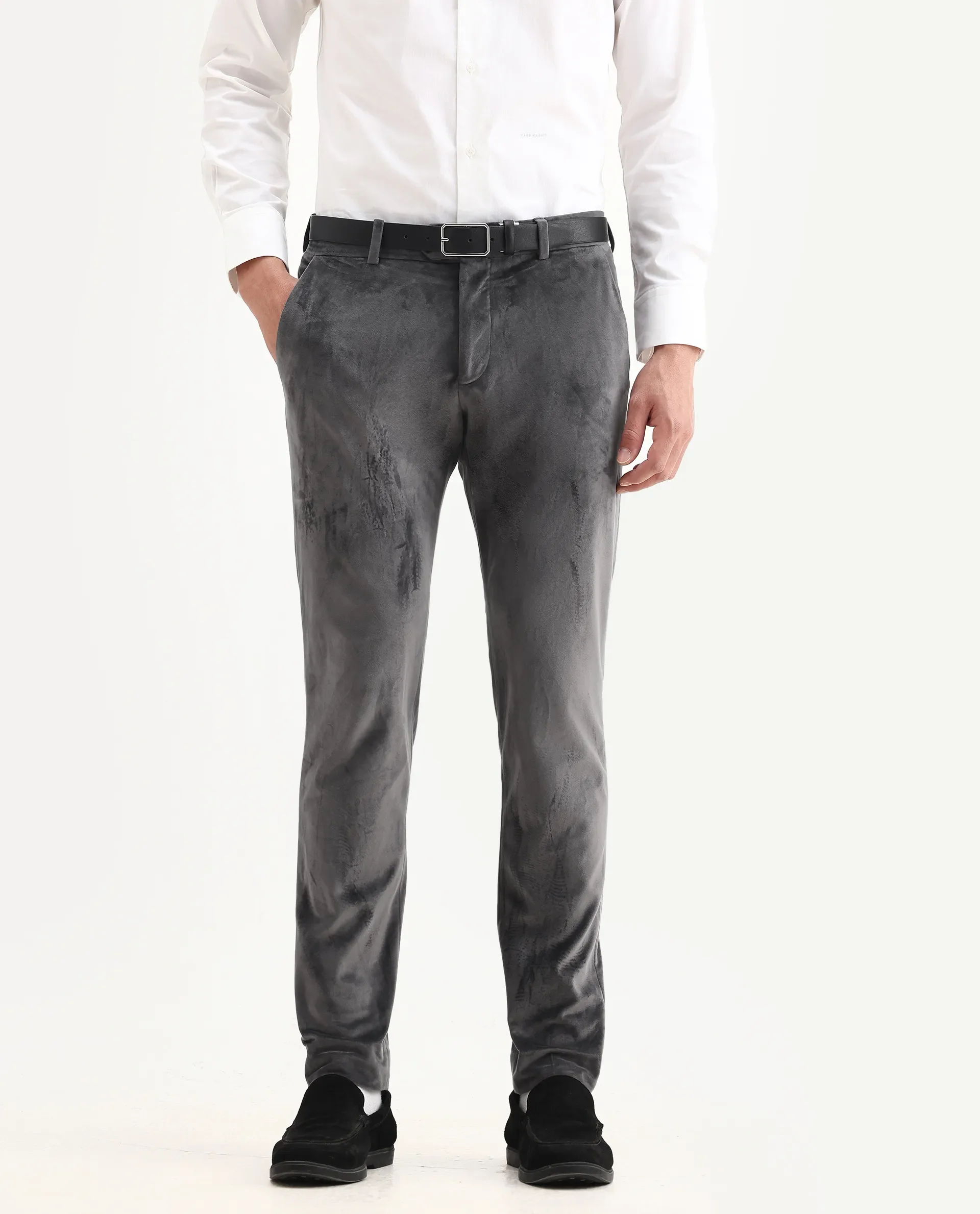 Rare Rabbit Men's Ozzy Grey Velvet Plain Slim Fit Trouser - Image 2
