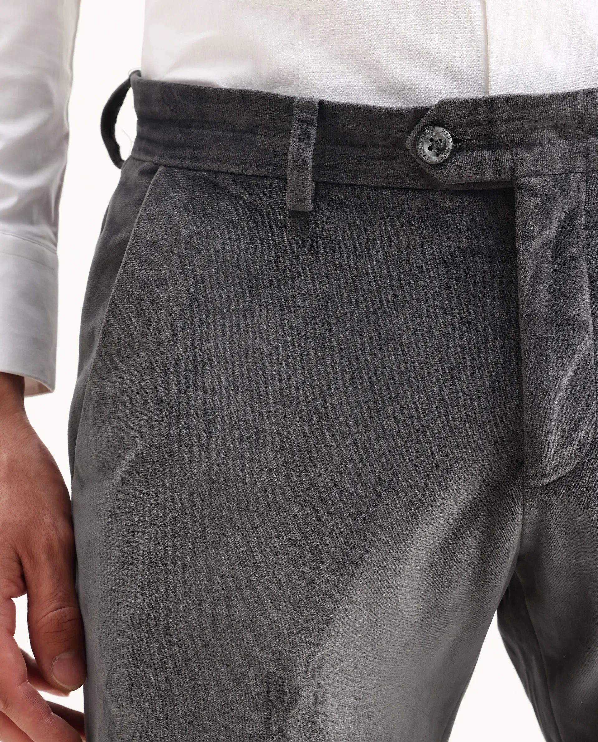 Rare Rabbit Men's Ozzy Grey Velvet Plain Slim Fit Trouser - Image 3