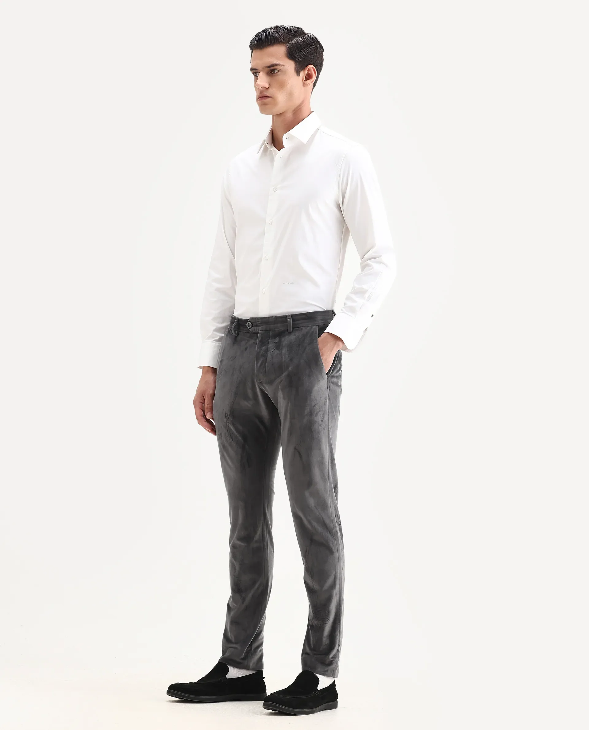 Rare Rabbit Men's Ozzy Grey Velvet Plain Slim Fit Trouser - Image 4