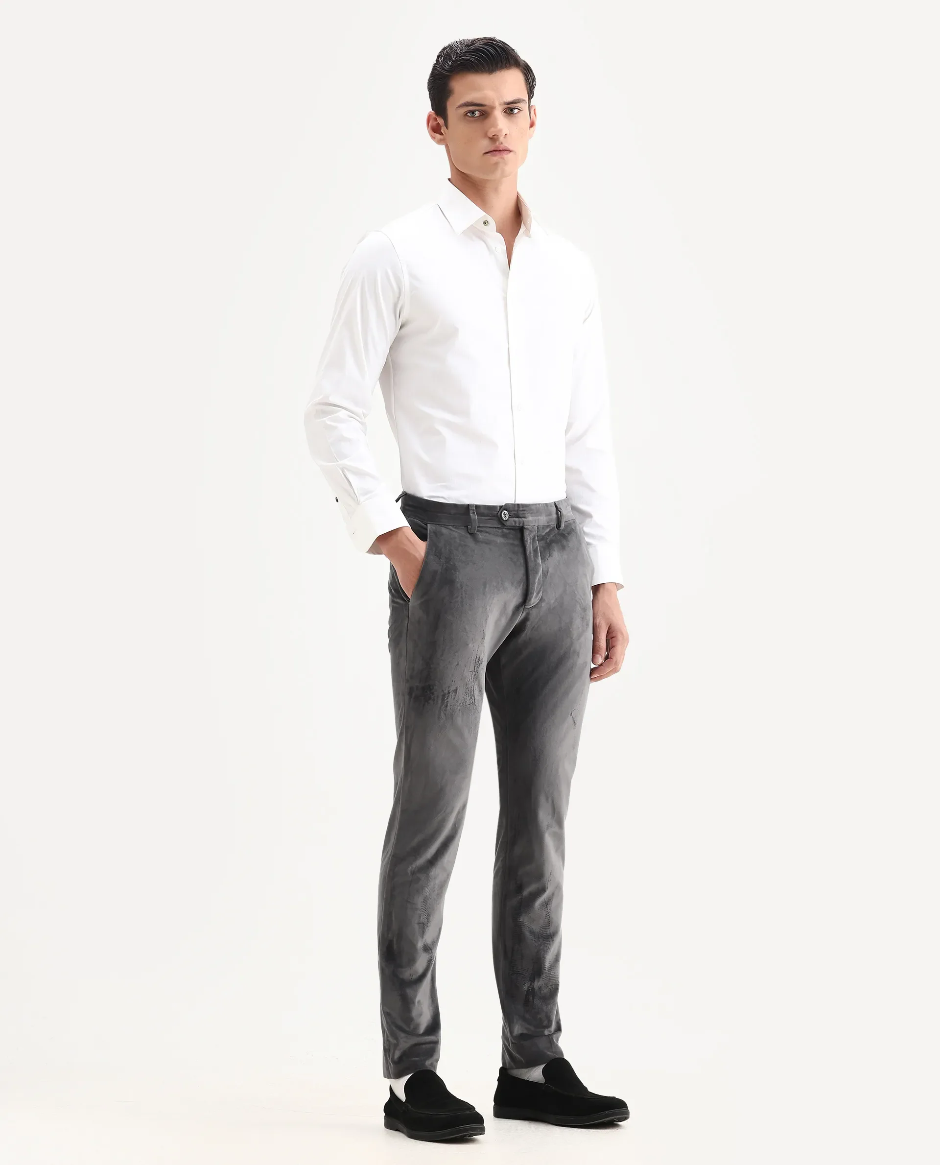 Rare Rabbit Men's Ozzy Grey Velvet Plain Slim Fit Trouser - Image 5