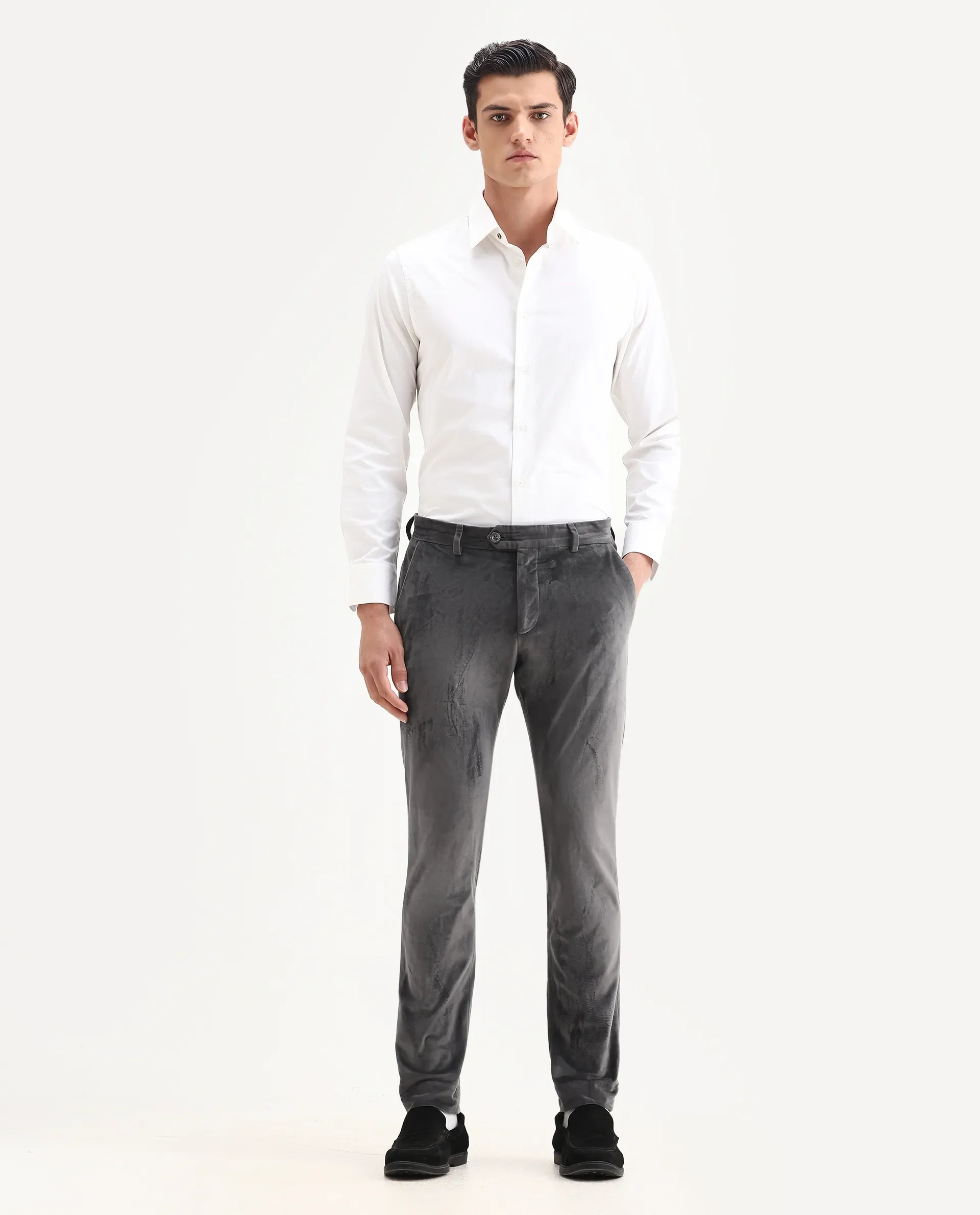 Rare Rabbit Men's Ozzy Grey Velvet Plain Slim Fit Trouser - Image 6