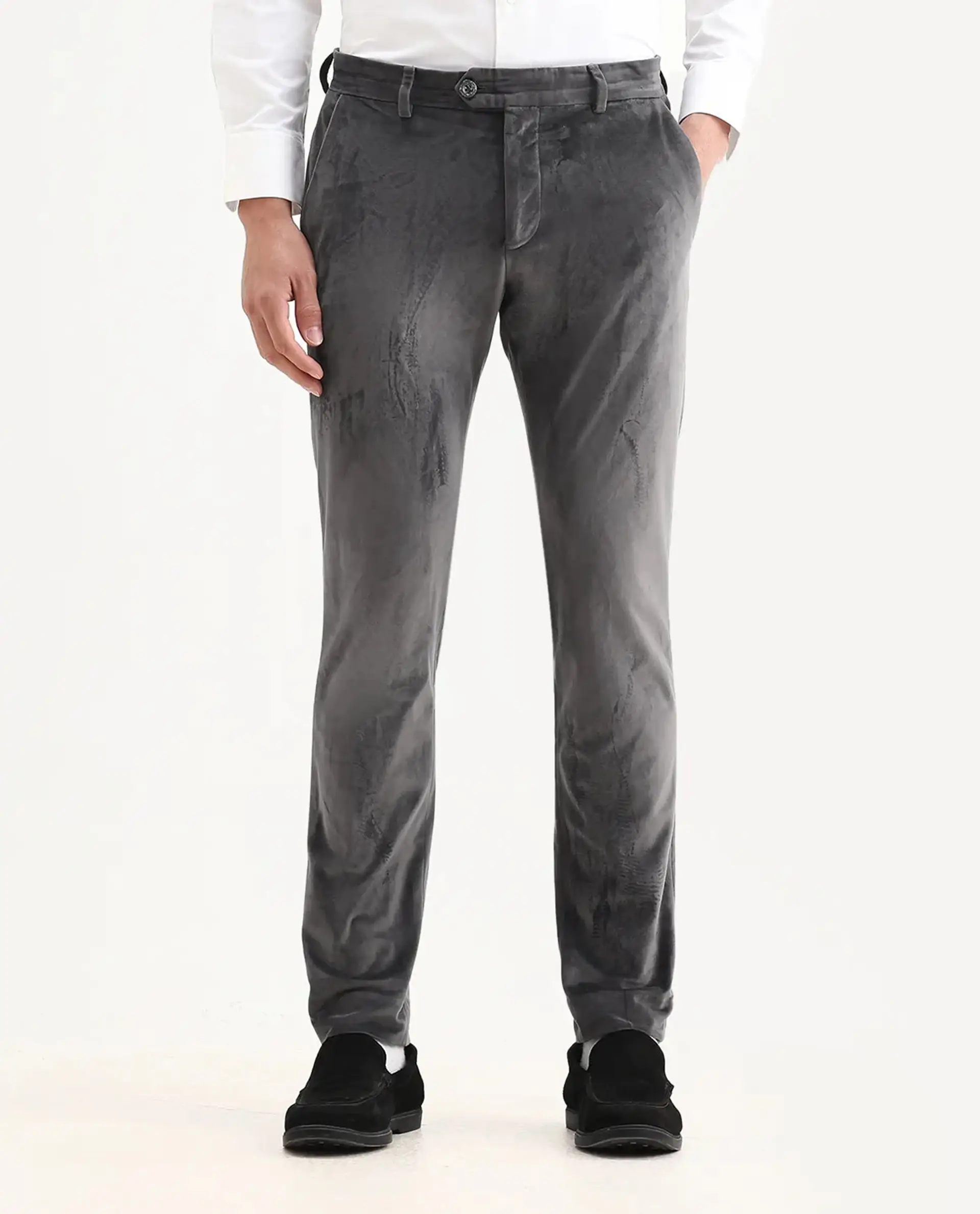 Rare Rabbit Men's Ozzy Grey Velvet Plain Slim Fit Trouser - Image 8
