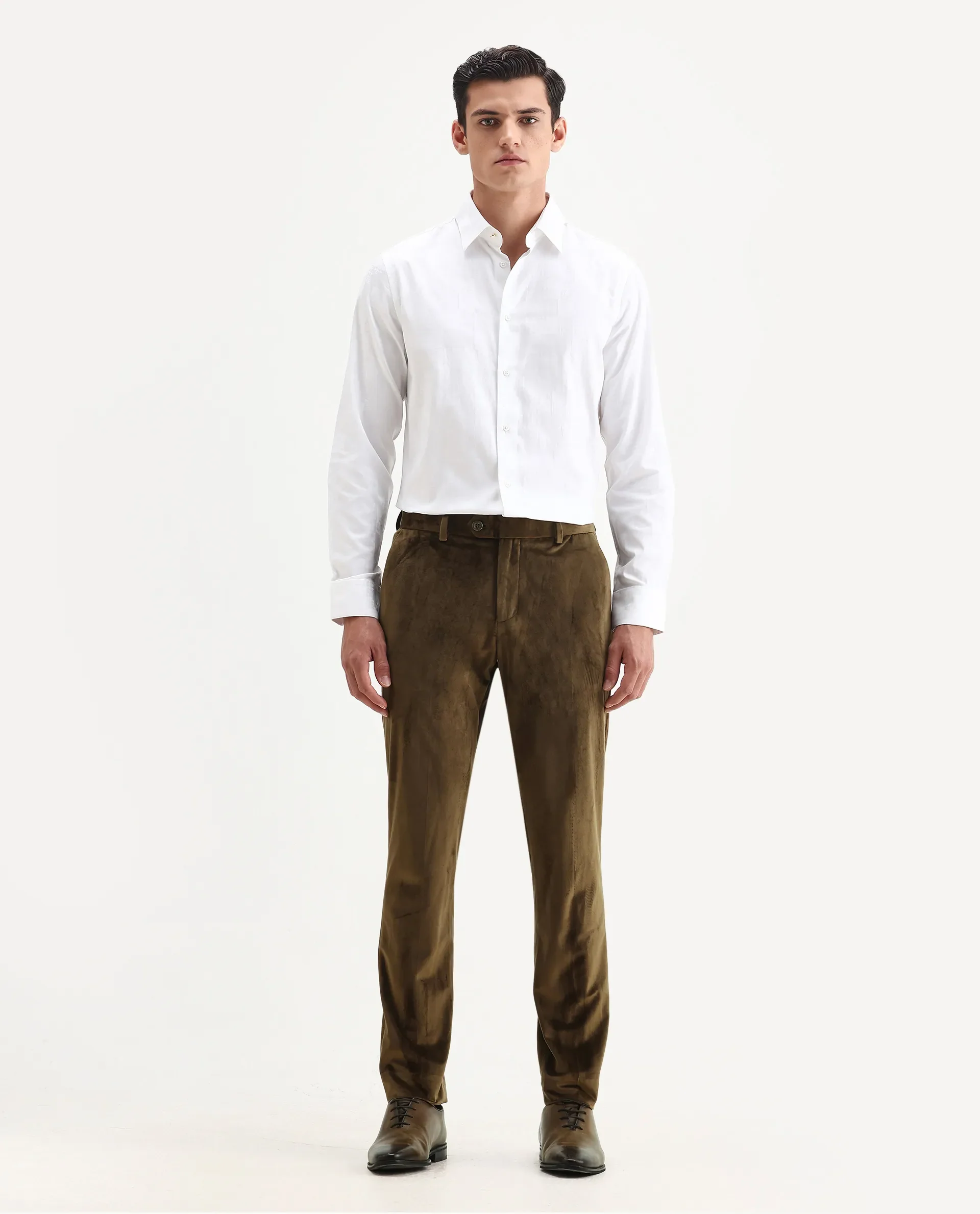 Rare Rabbit Men's Ozzy Olive Velvet Plain Slim Fit Trouser - Image 6