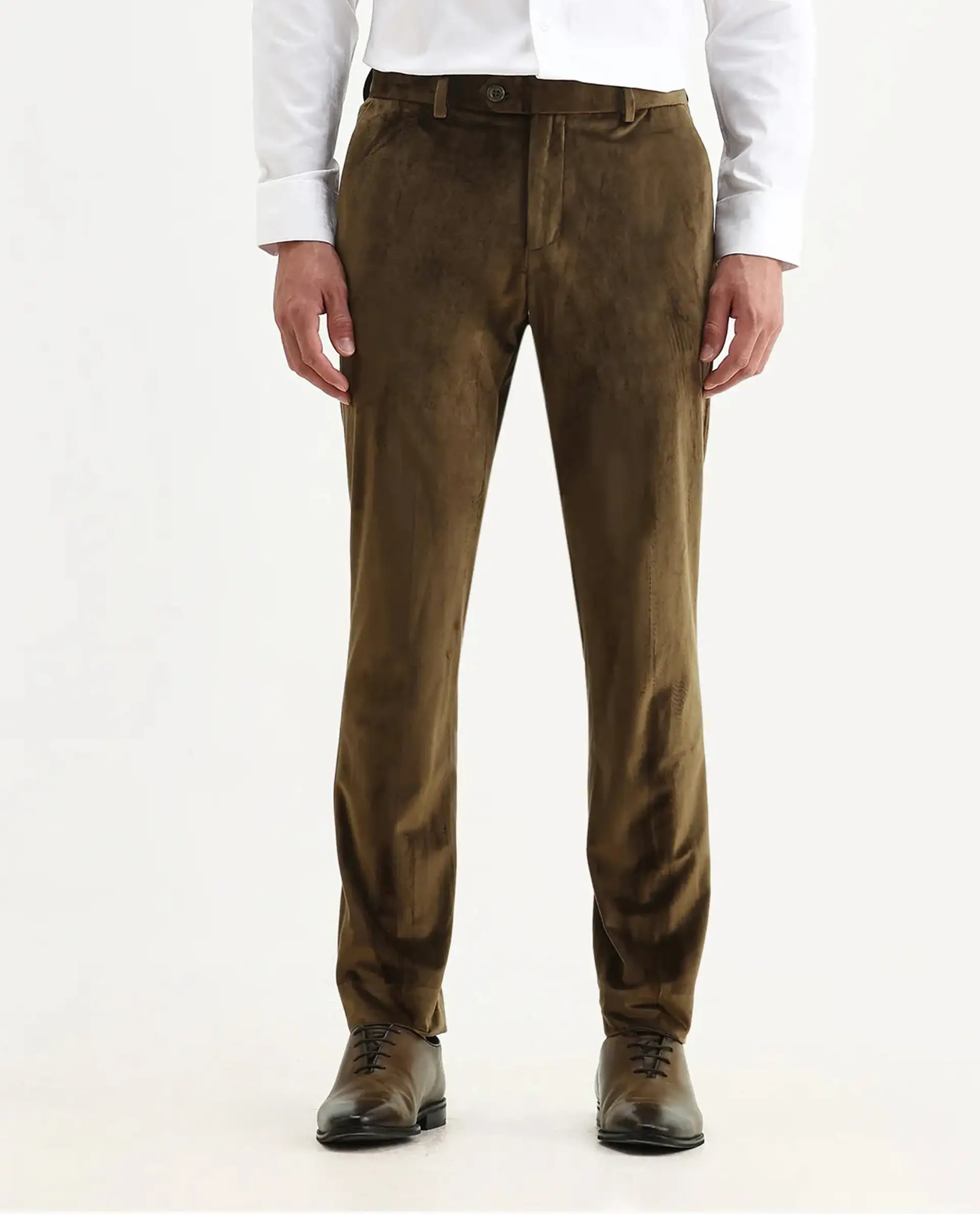 Rare Rabbit Men's Ozzy Olive Velvet Plain Slim Fit Trouser - Image 7