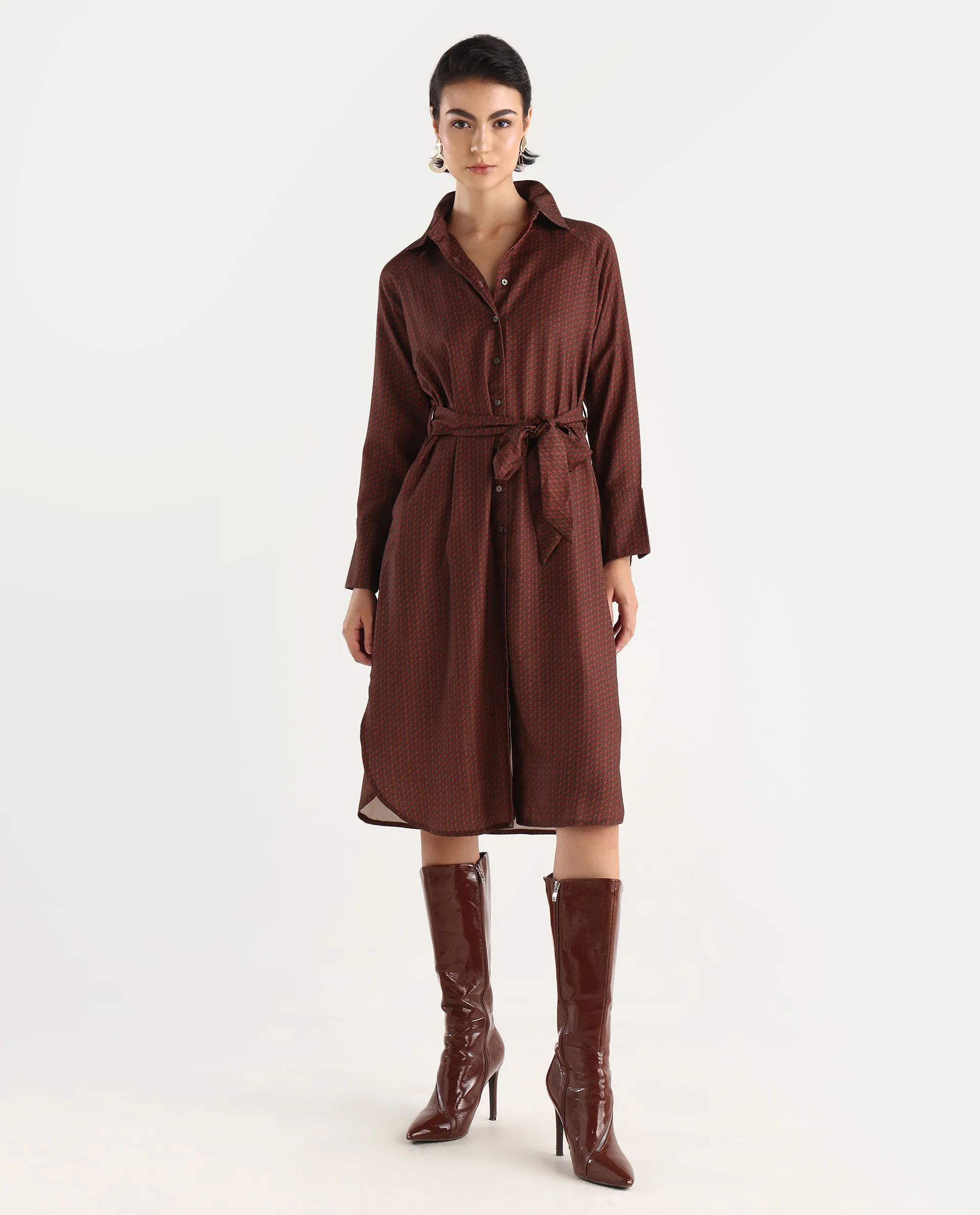 Rareism Women's Paari Multi Polyester Spread Collar Plain Cuffed Sleeve Midi Straight Fit Dress