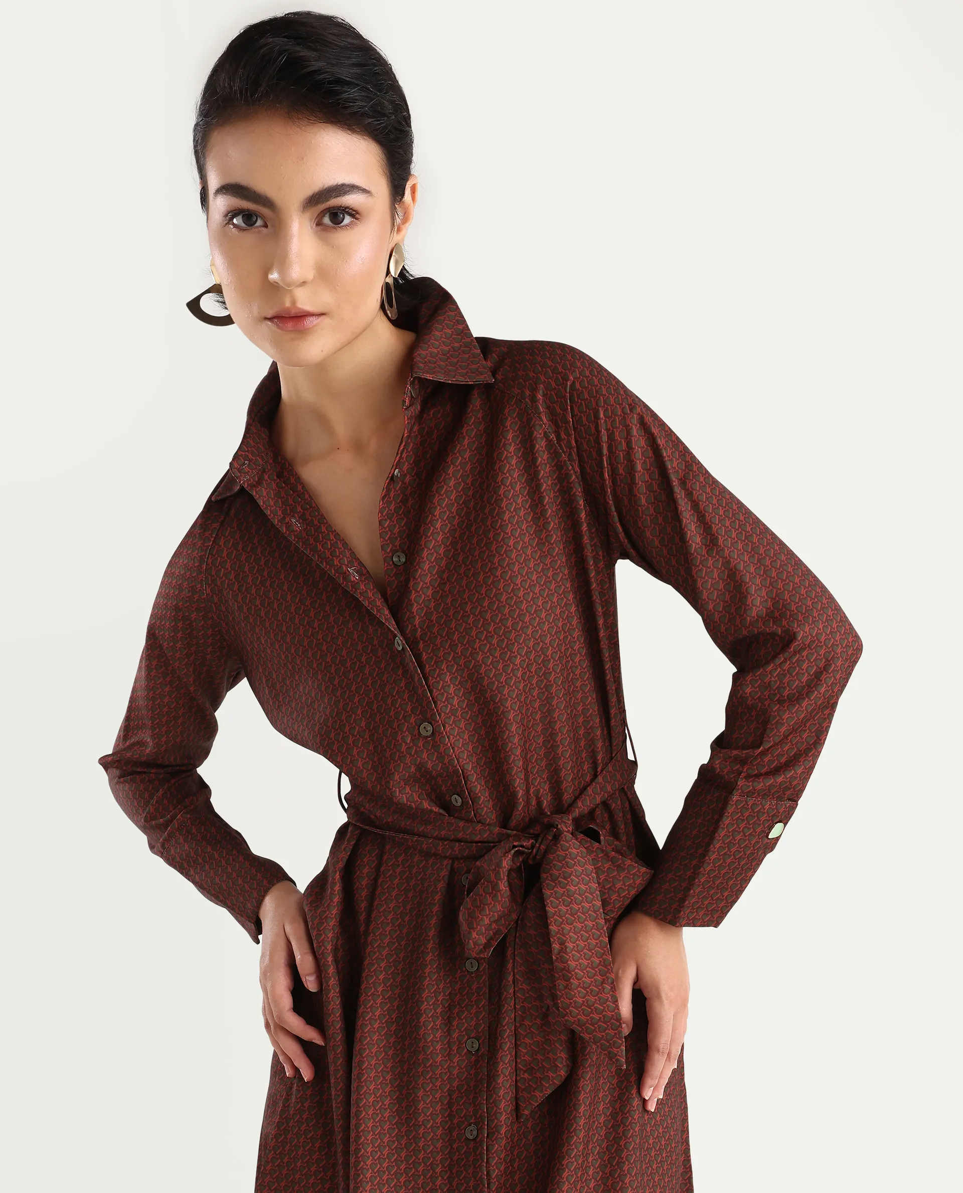 Rareism Women's Paari Multi Polyester Spread Collar Plain Cuffed Sleeve Midi Straight Fit Dress - Image 2