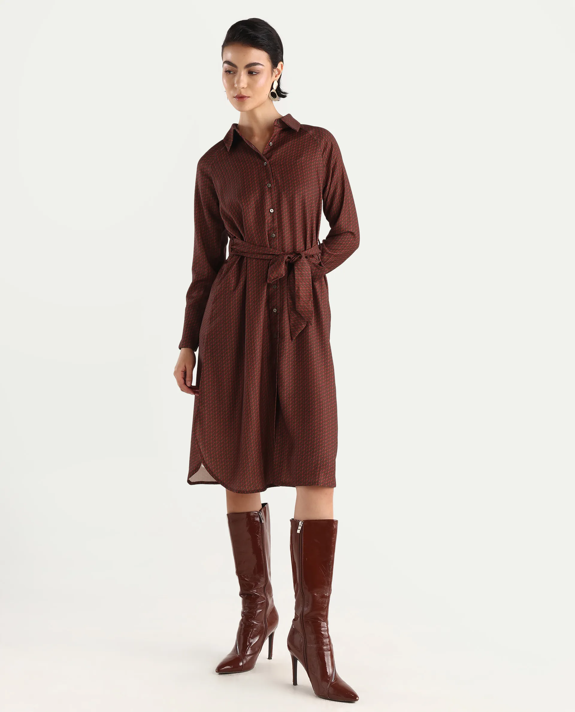 Rareism Women's Paari Multi Polyester Spread Collar Plain Cuffed Sleeve Midi Straight Fit Dress - Image 3