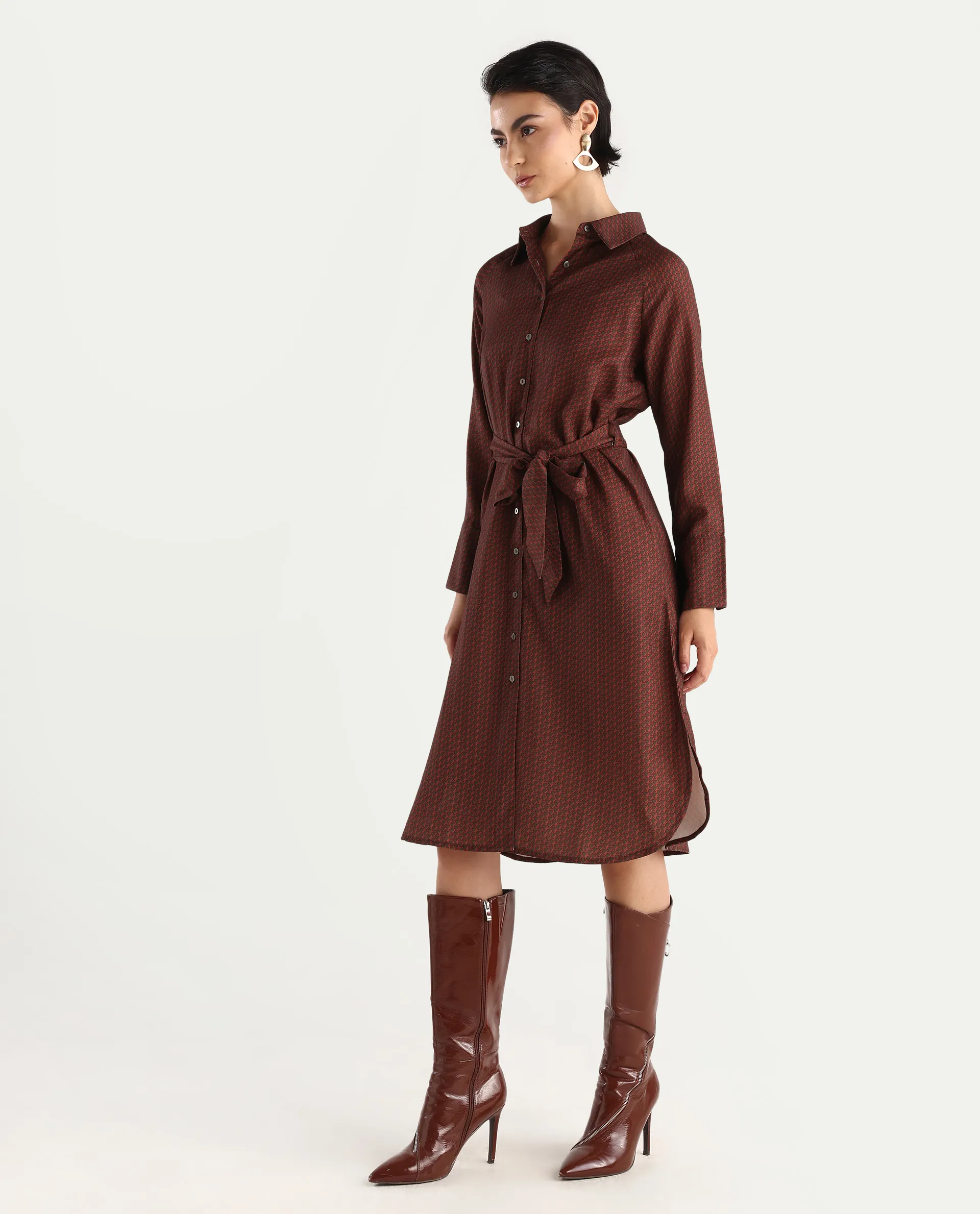 Rareism Women's Paari Multi Polyester Spread Collar Plain Cuffed Sleeve Midi Straight Fit Dress - Image 6