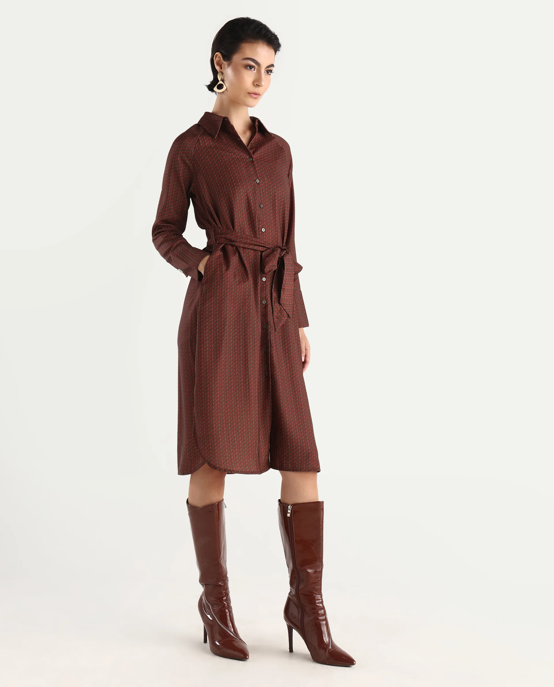 Rareism Women's Paari Multi Polyester Spread Collar Plain Cuffed Sleeve Midi Straight Fit Dress - Image 7