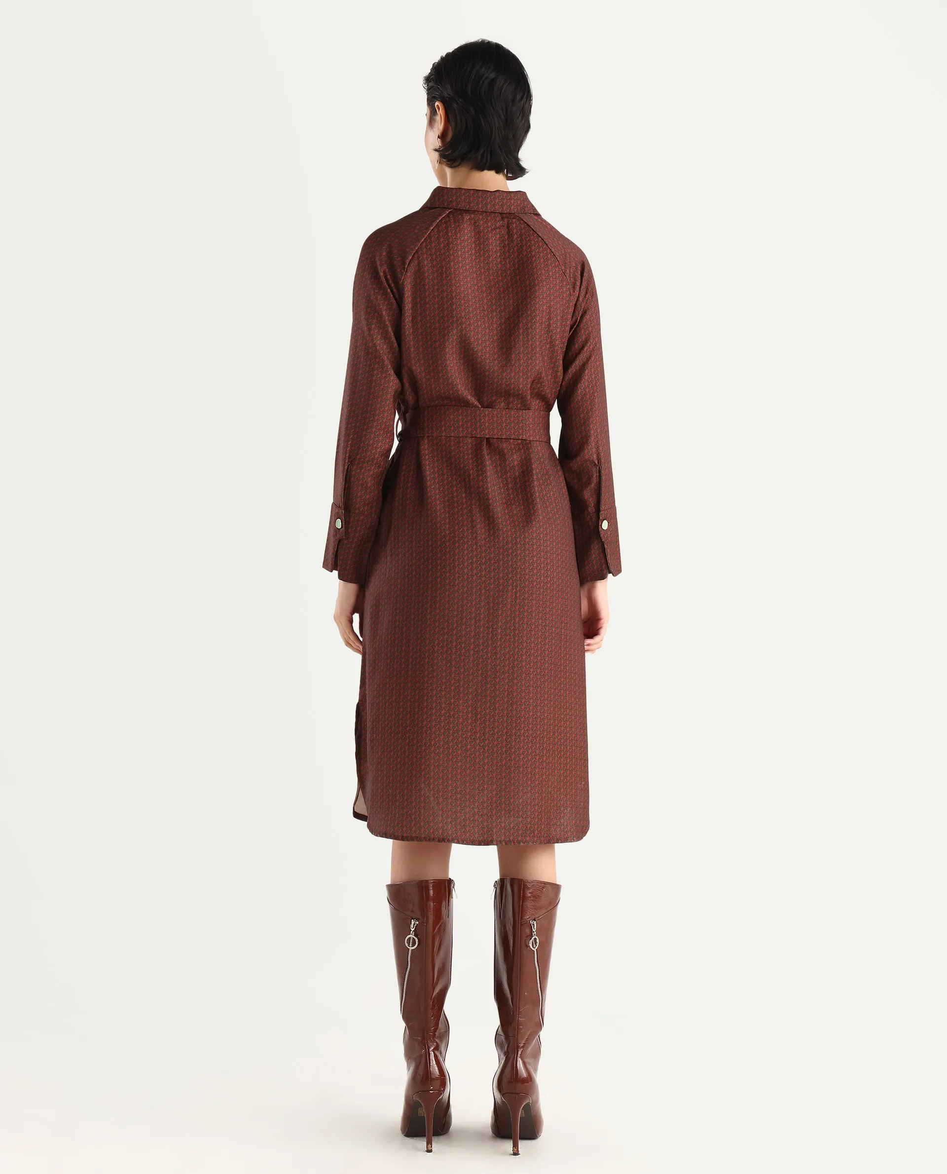 Rareism Women's Paari Multi Polyester Spread Collar Plain Cuffed Sleeve Midi Straight Fit Dress - Image 8