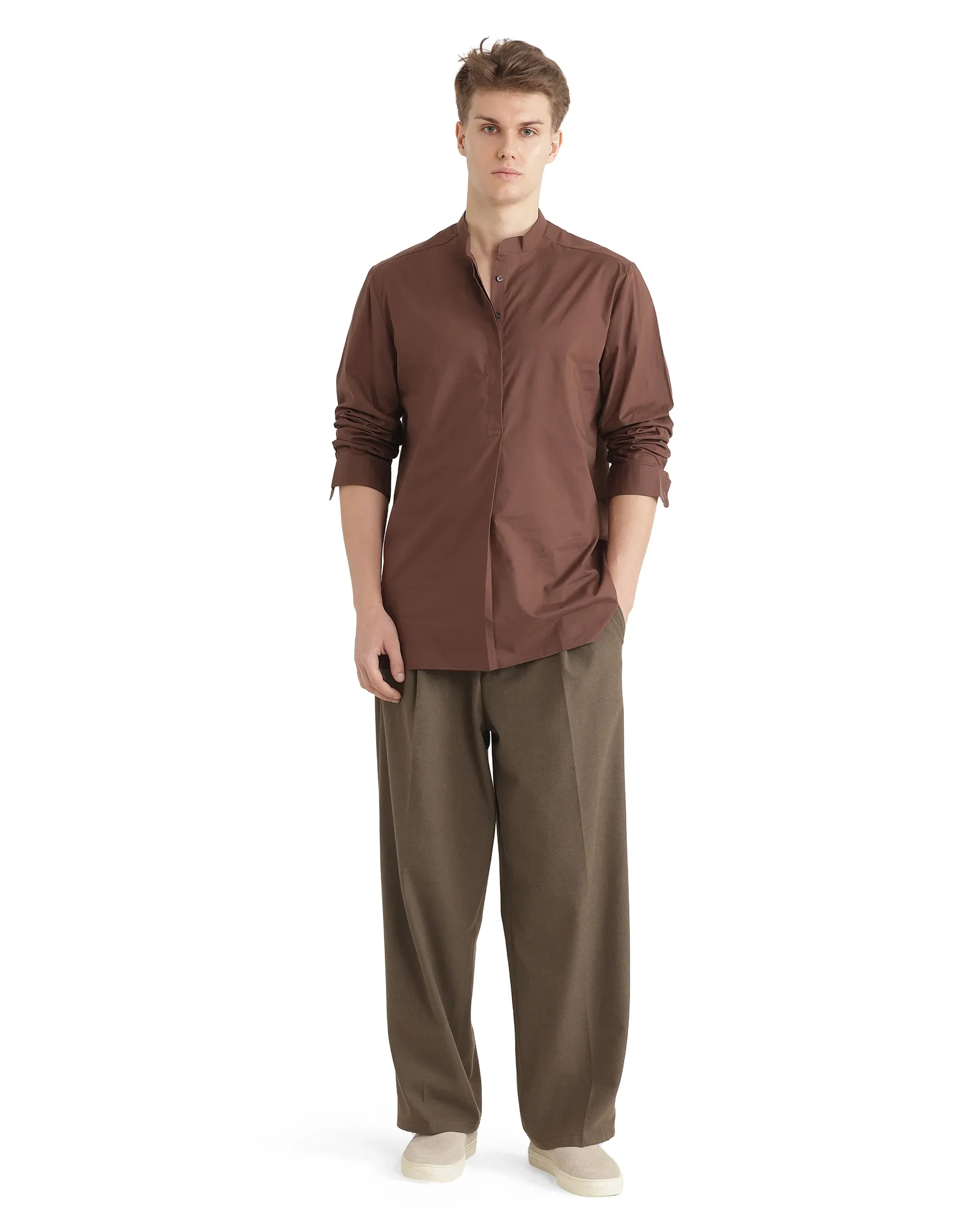 Rare Rabbit Men's Pach Brown Cotton Plain Relaxed Fit Full Sleeve Mandarin Collar Shirt - Image 2