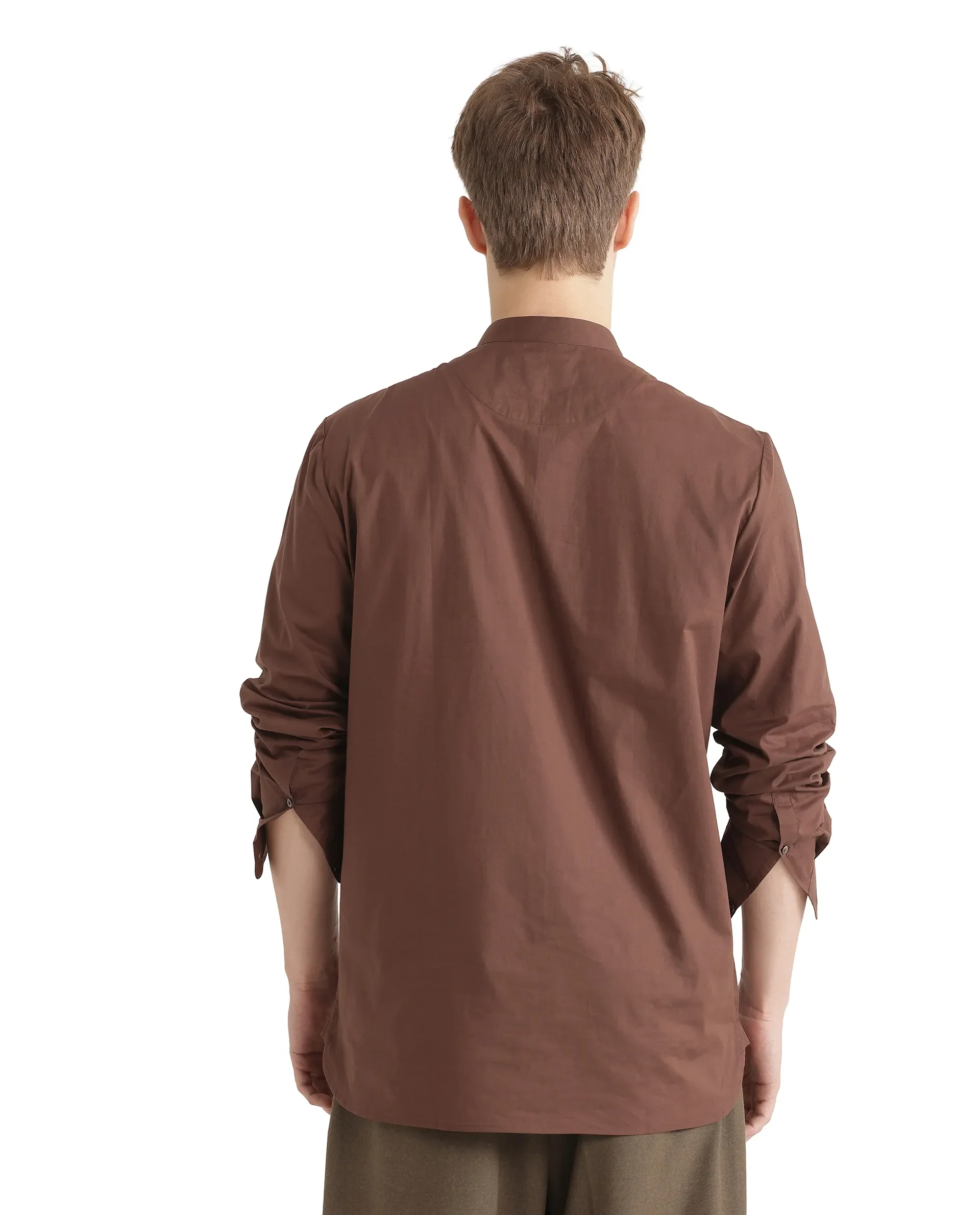 Rare Rabbit Men's Pach Brown Cotton Plain Relaxed Fit Full Sleeve Mandarin Collar Shirt - Image 3