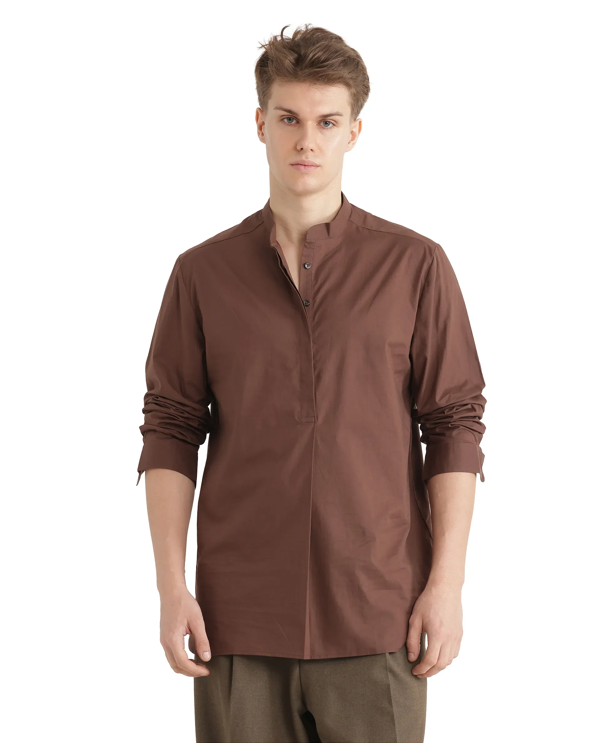 Rare Rabbit Men's Pach Brown Cotton Plain Relaxed Fit Full Sleeve Mandarin Collar Shirt - Image 4