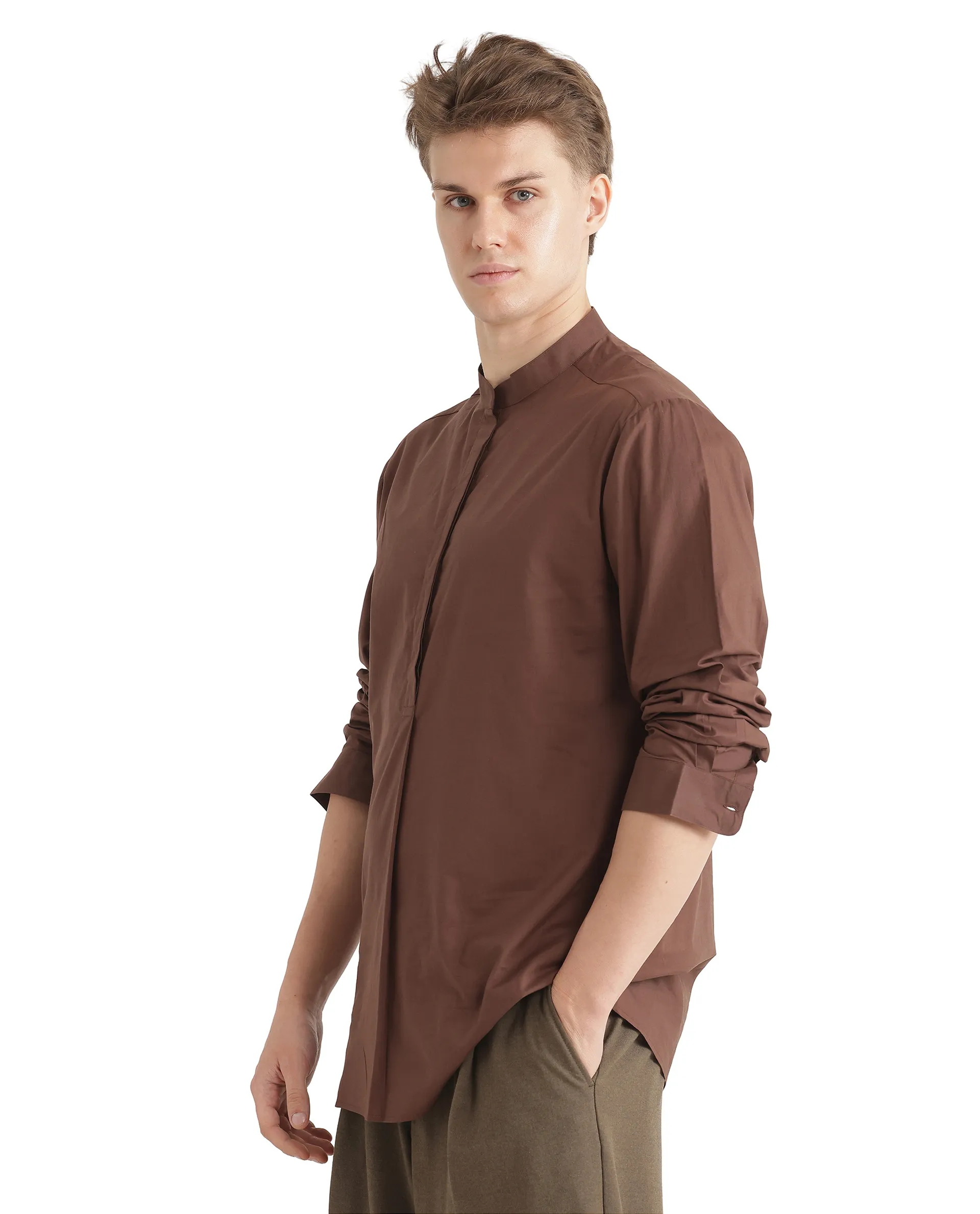 Rare Rabbit Men's Pach Brown Cotton Plain Relaxed Fit Full Sleeve Mandarin Collar Shirt - Image 5