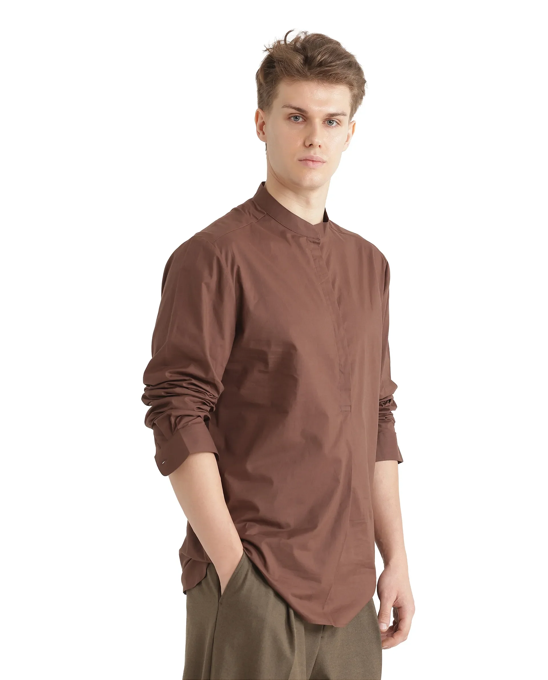 Rare Rabbit Men's Pach Brown Cotton Plain Relaxed Fit Full Sleeve Mandarin Collar Shirt - Image 6