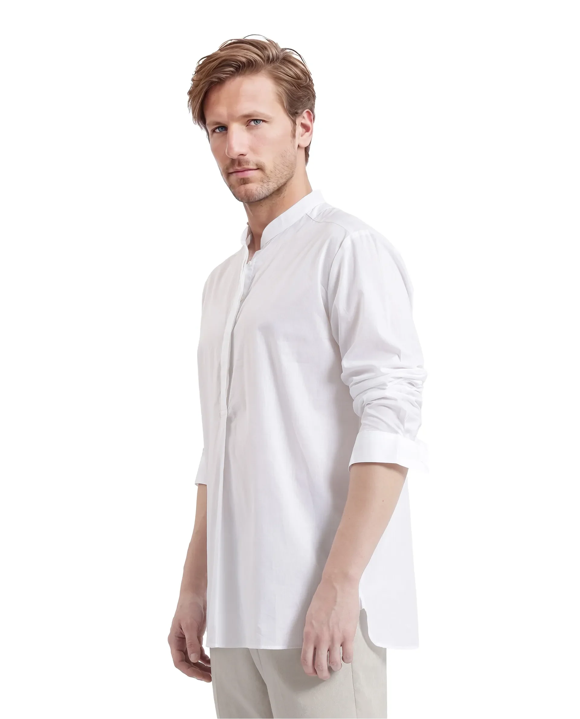 Rare Rabbit Men's Pach White Cotton Plain Regular Fit Full Sleeve Mandarin Collar Shirt - Image 4