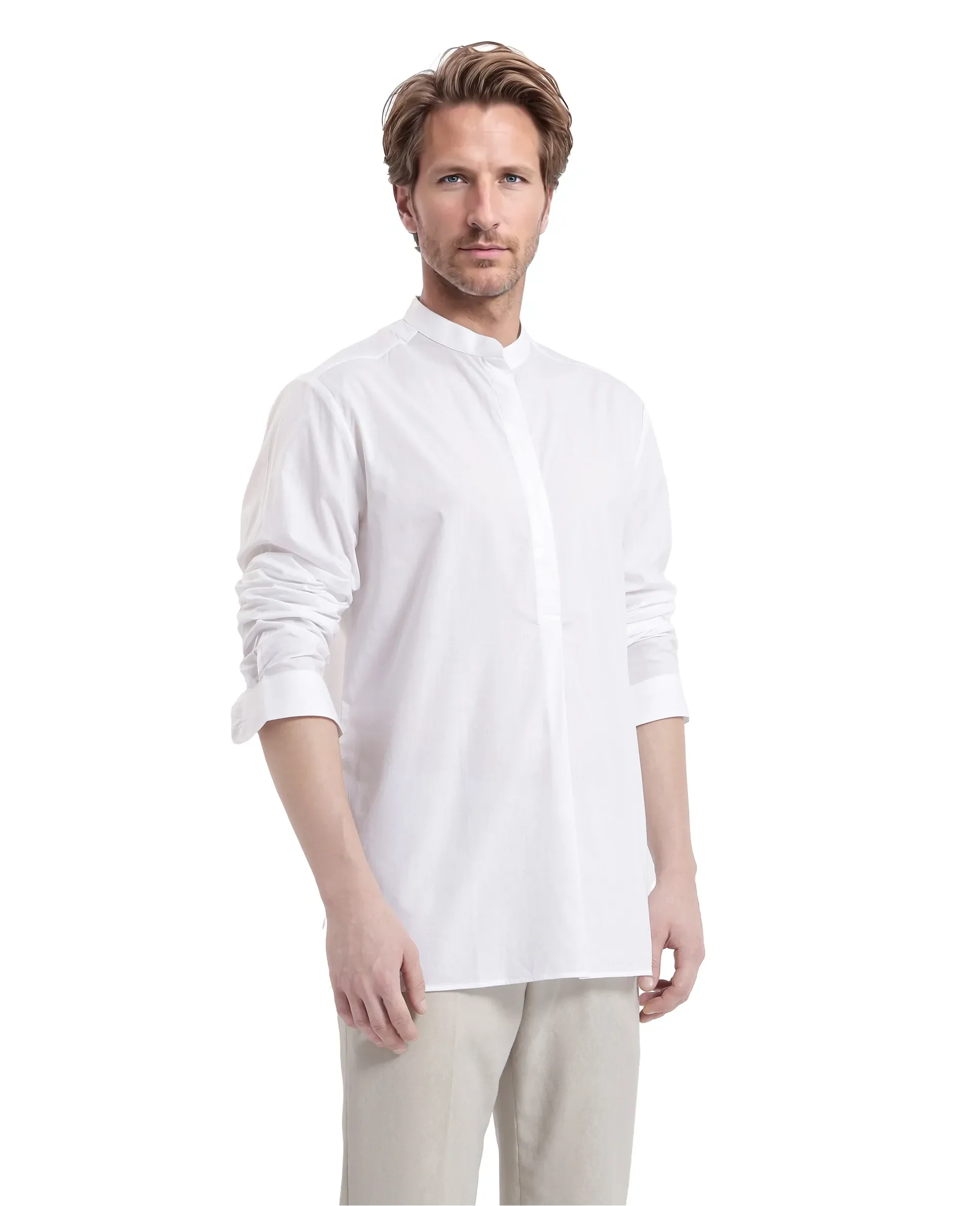 Rare Rabbit Men's Pach White Cotton Plain Regular Fit Full Sleeve Mandarin Collar Shirt - Image 5