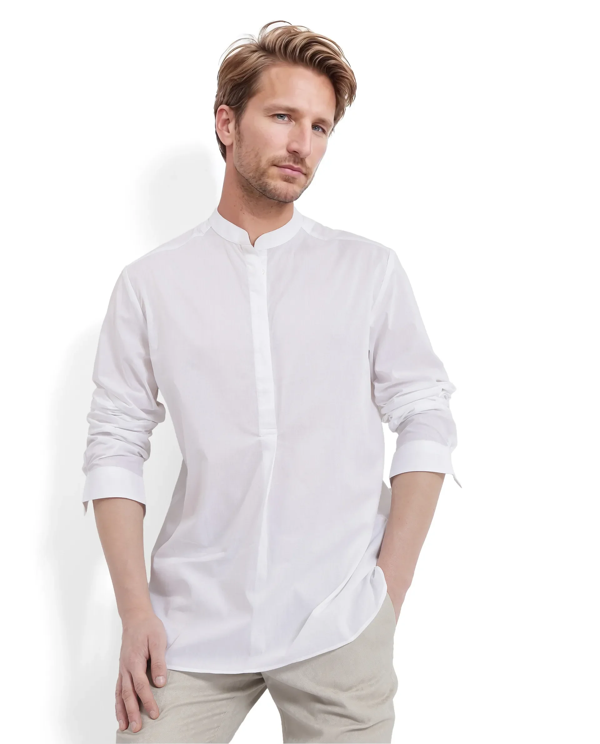 Rare Rabbit Men's Pach White Cotton Plain Regular Fit Full Sleeve Mandarin Collar Shirt - Image 8