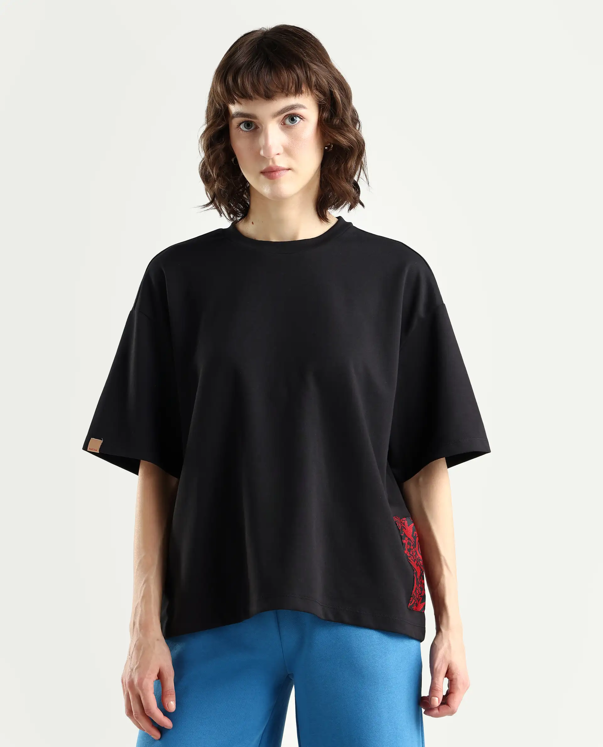 Rareism Women's Pach Black Polyester Blend Crew Neck Plain Relaxed Fit T-Shirt - Image 2
