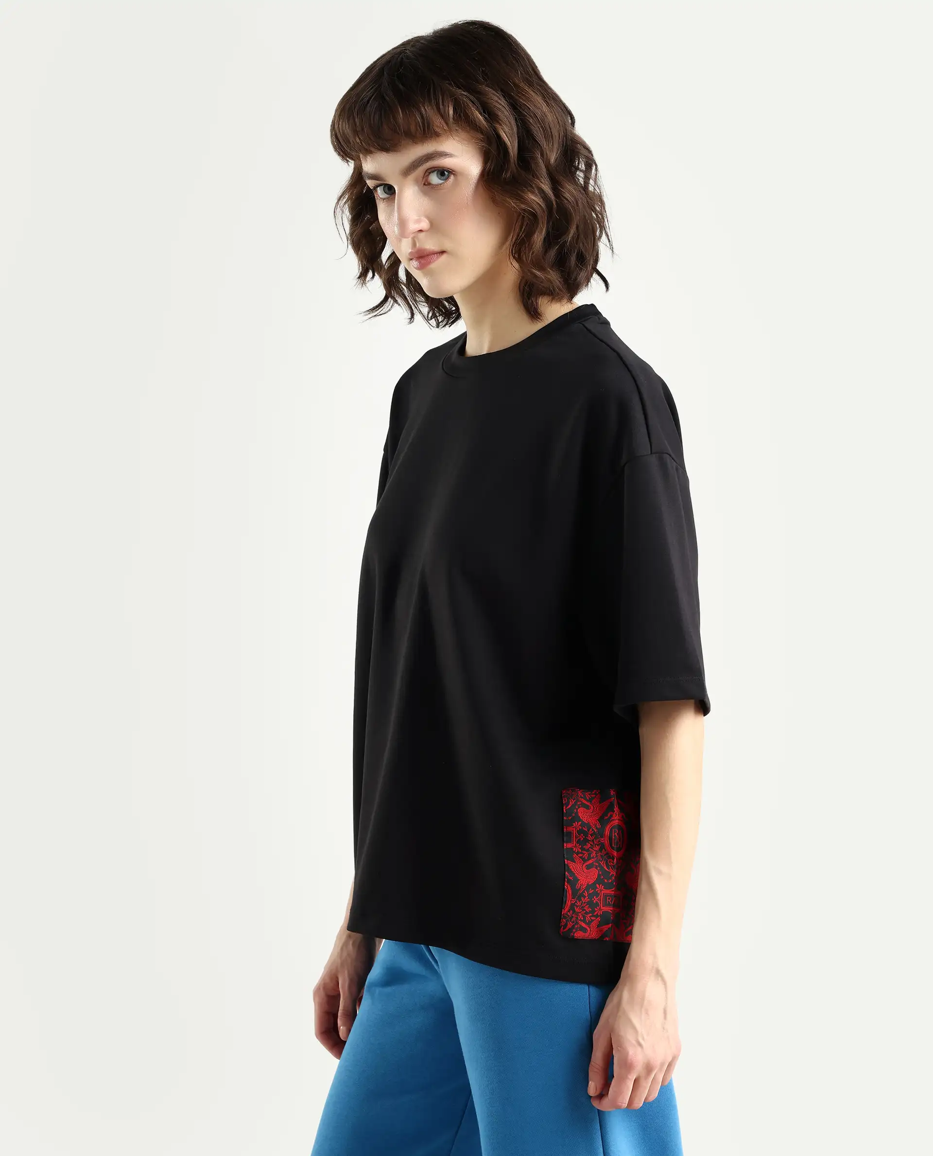 Rareism Women's Pach Black Polyester Blend Crew Neck Plain Relaxed Fit T-Shirt - Image 6