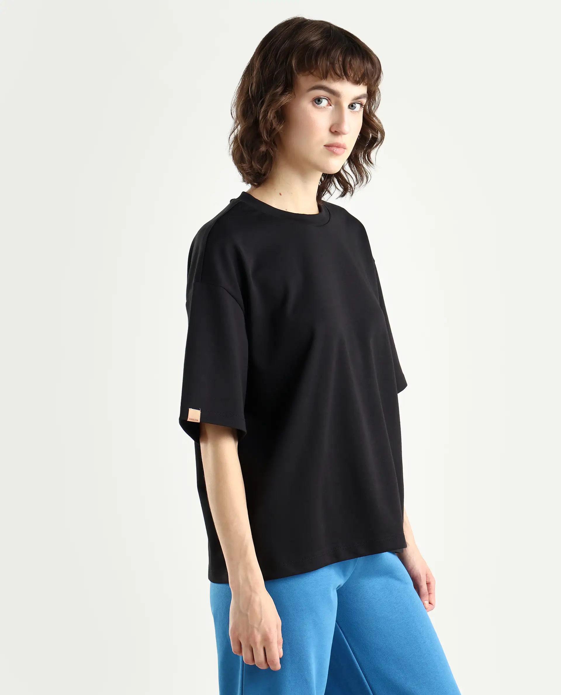 Rareism Women's Pach Black Polyester Blend Crew Neck Plain Relaxed Fit T-Shirt - Image 7