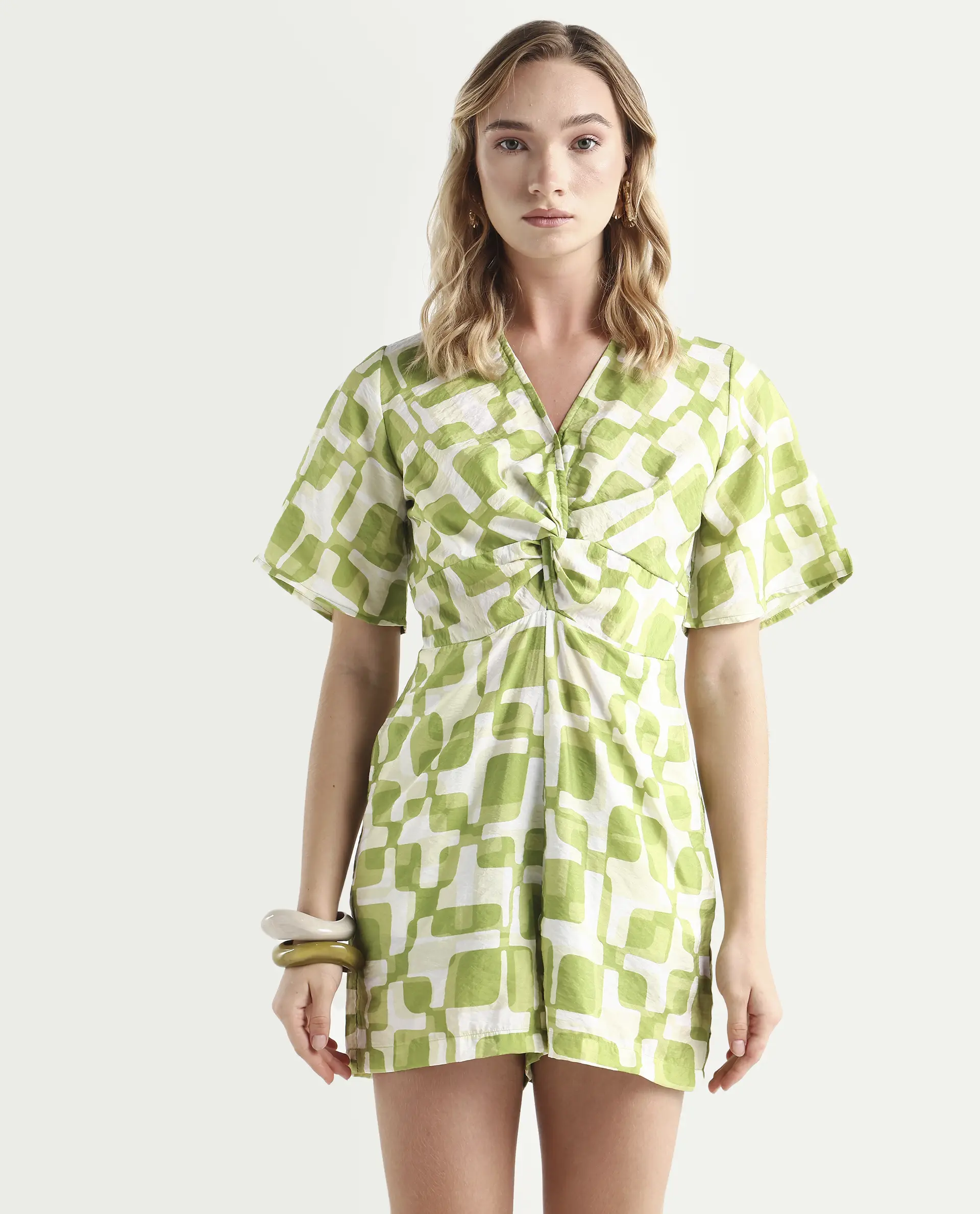 Rareism Women's Padua Light Green Nylon Blend V-Neck Geometric Print Bishop Sleeve Mini Regular Fit Playsuit - Image 3