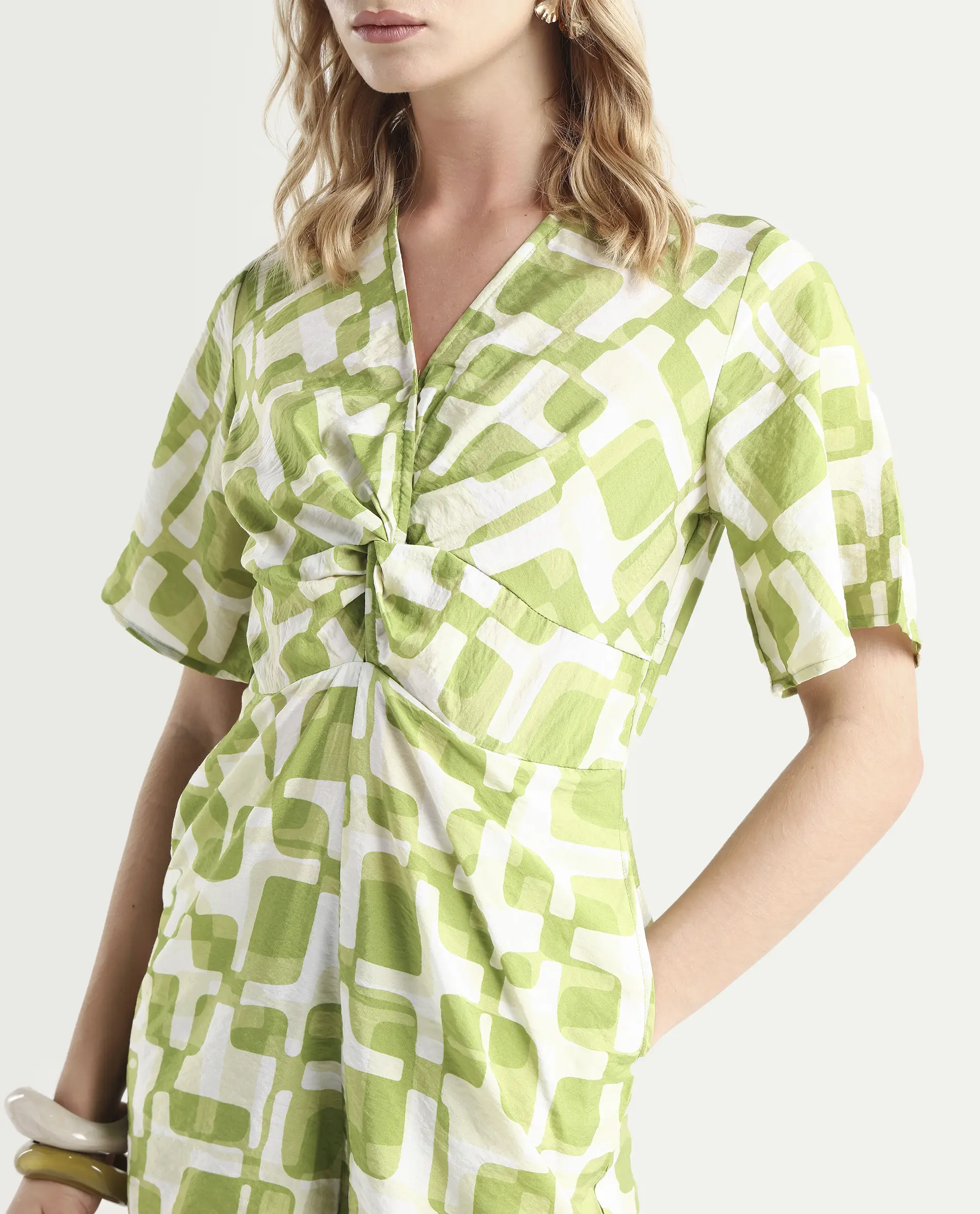 Rareism Women's Padua Light Green Nylon Blend V-Neck Geometric Print Bishop Sleeve Mini Regular Fit Playsuit - Image 4