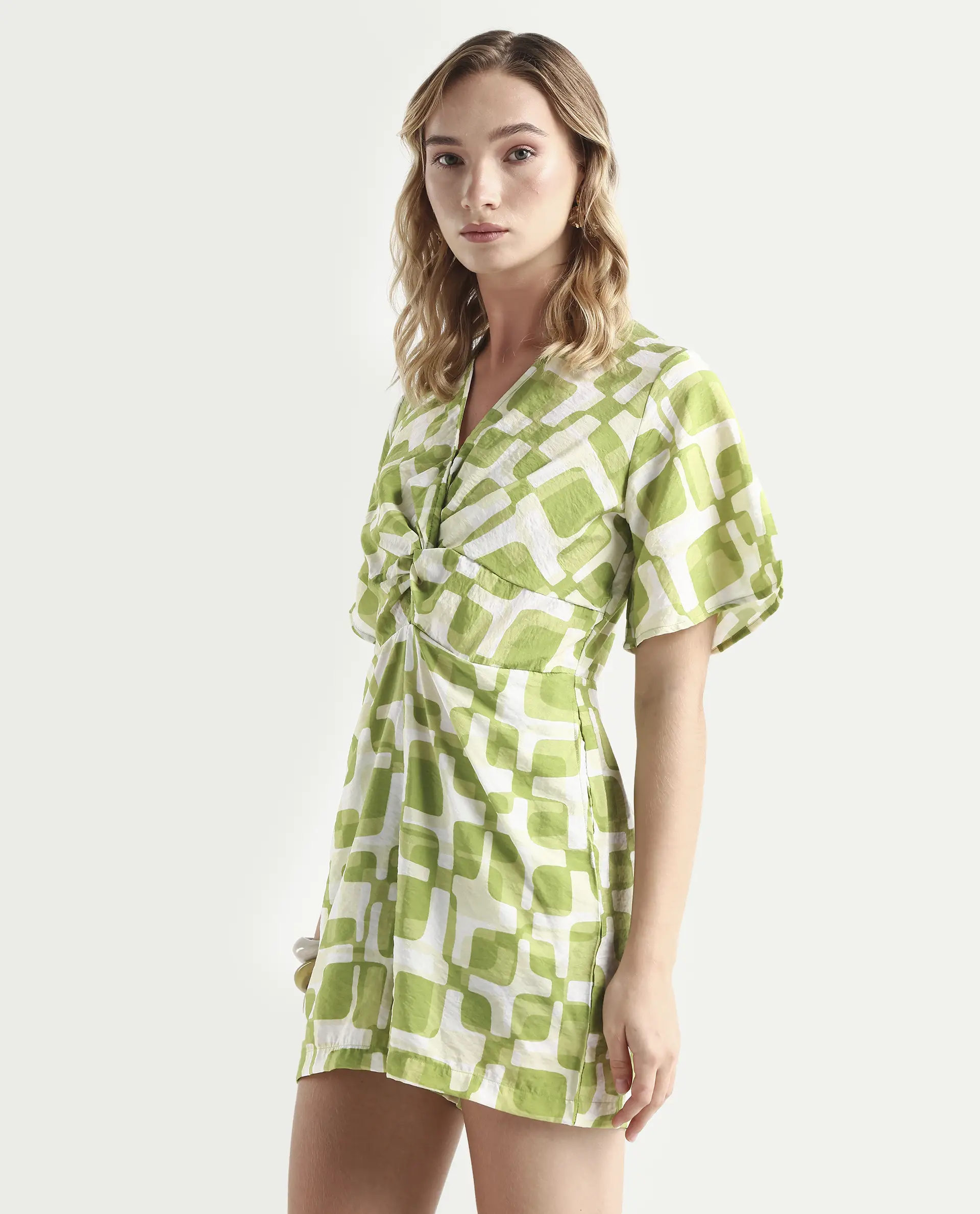 Rareism Women's Padua Light Green Nylon Blend V-Neck Geometric Print Bishop Sleeve Mini Regular Fit Playsuit - Image 5
