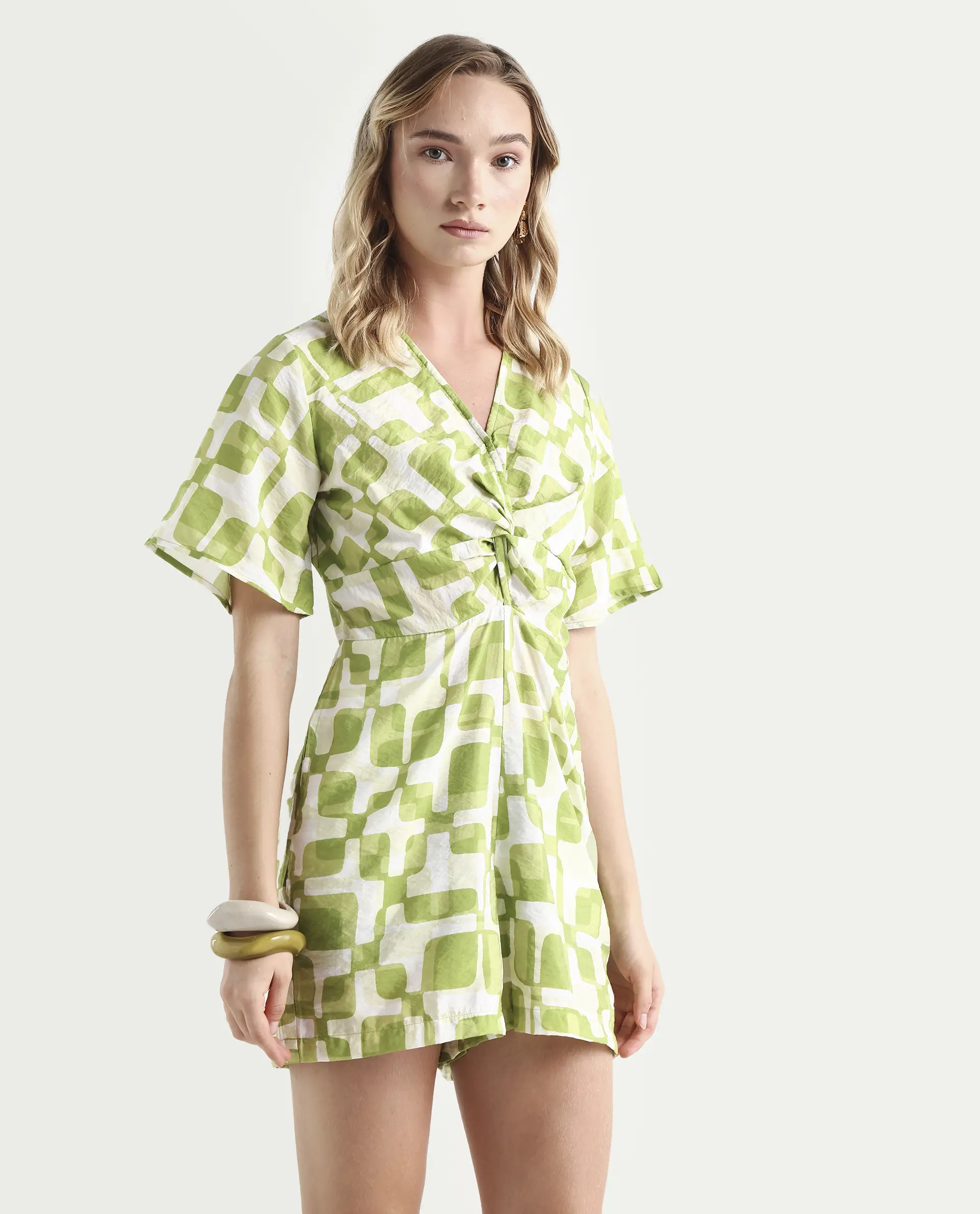 Rareism Women's Padua Light Green Nylon Blend V-Neck Geometric Print Bishop Sleeve Mini Regular Fit Playsuit - Image 6