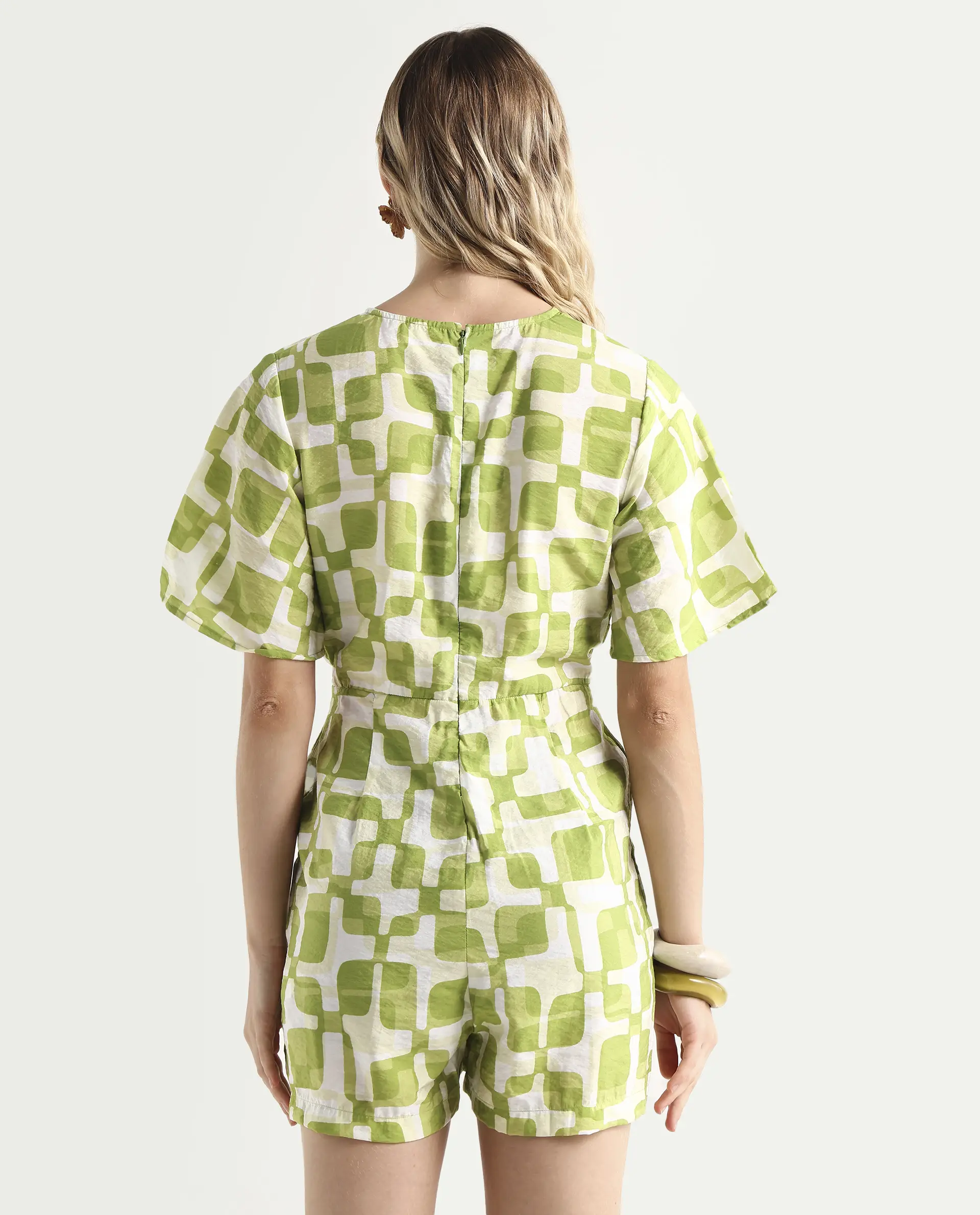 Rareism Women's Padua Light Green Nylon Blend V-Neck Geometric Print Bishop Sleeve Mini Regular Fit Playsuit - Image 7