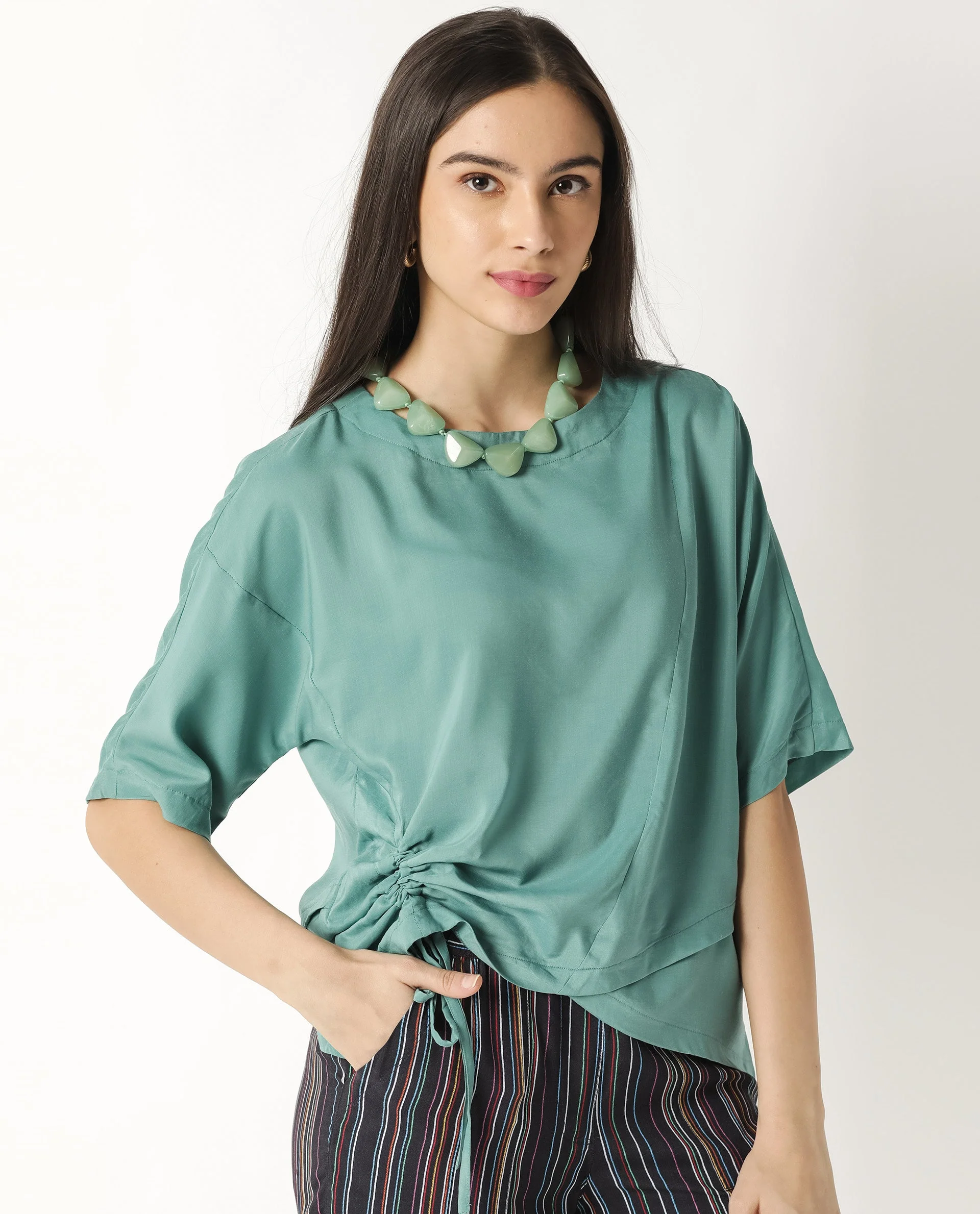 Rareism Women's Paecos Green Polyester Boat Neck Plain Regular Fit Top - Image 2