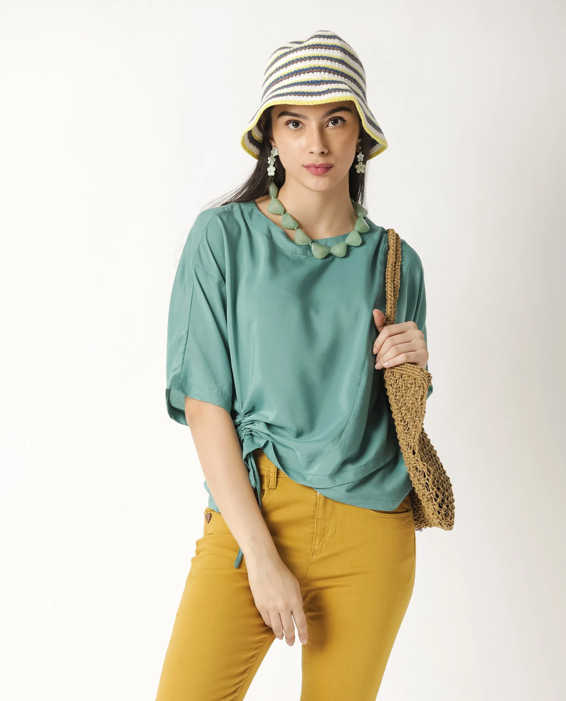 Rareism Women's Paecos Green Polyester Boat Neck Plain Regular Fit Top - Image 4