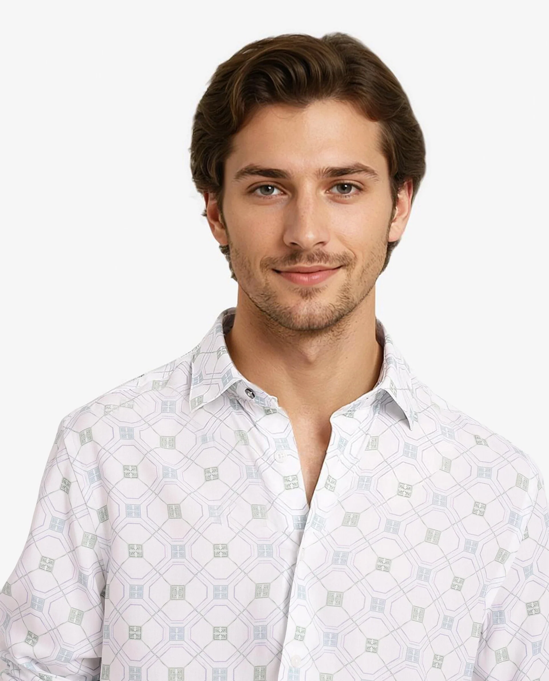 Rare Rabbit Men's Paide White Viscose Geometric Print Regular Fit Full Sleeve Collared Shirt - Image 3