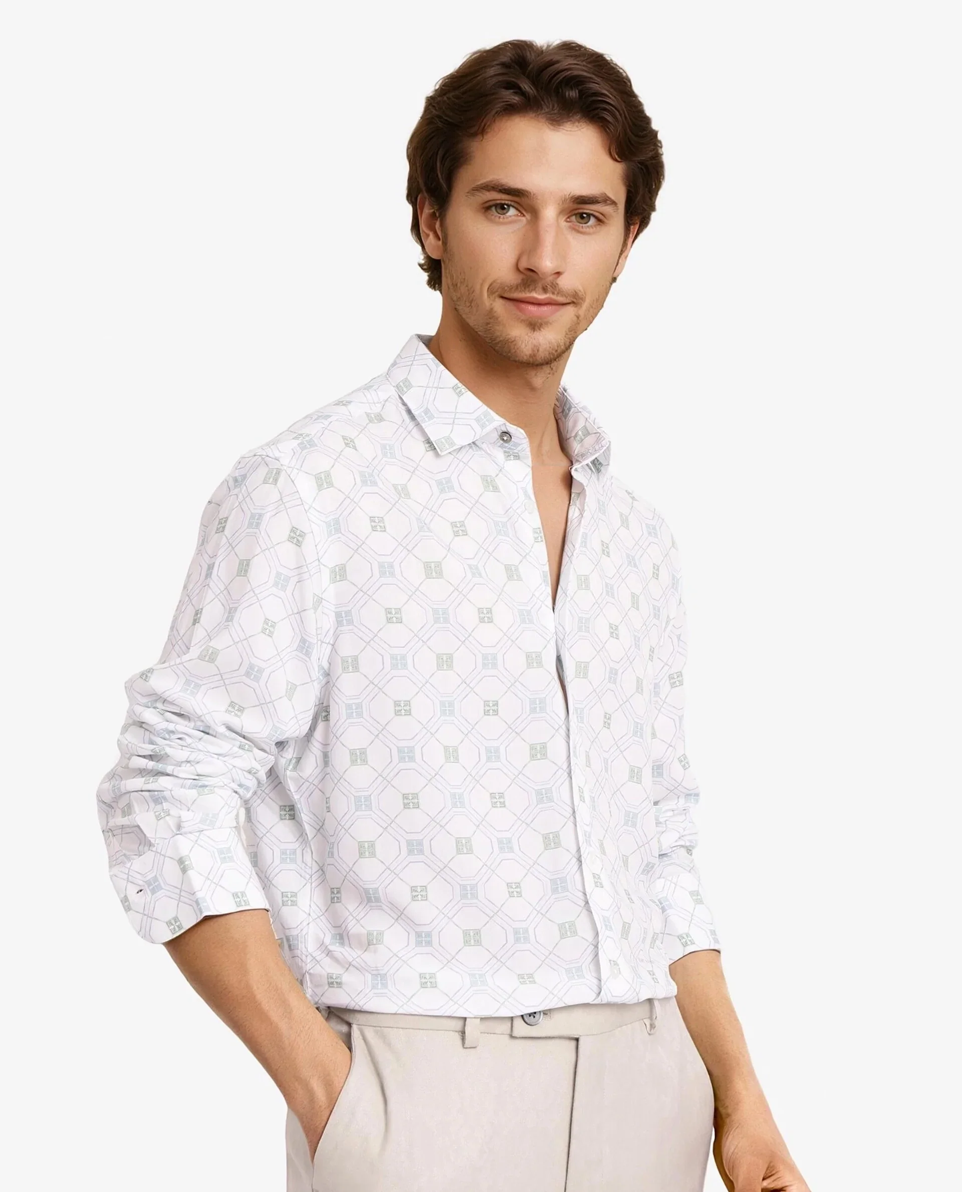 Rare Rabbit Men's Paide White Viscose Geometric Print Regular Fit Full Sleeve Collared Shirt - Image 4