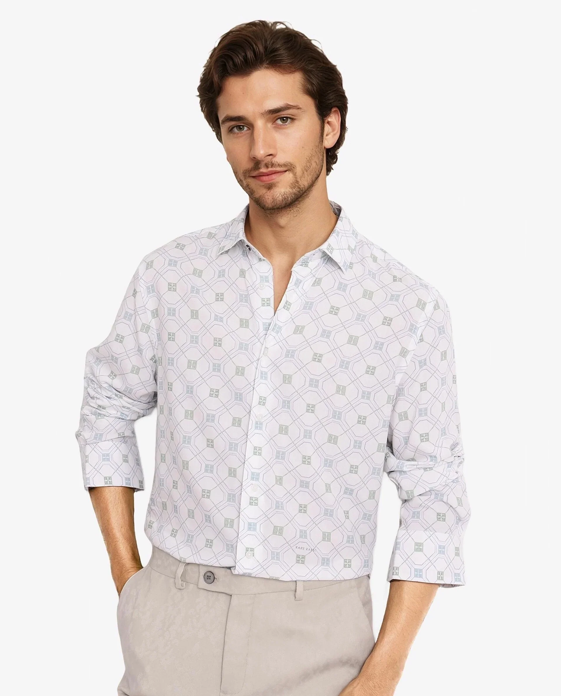 Rare Rabbit Men's Paide White Viscose Geometric Print Regular Fit Full Sleeve Collared Shirt - Image 6